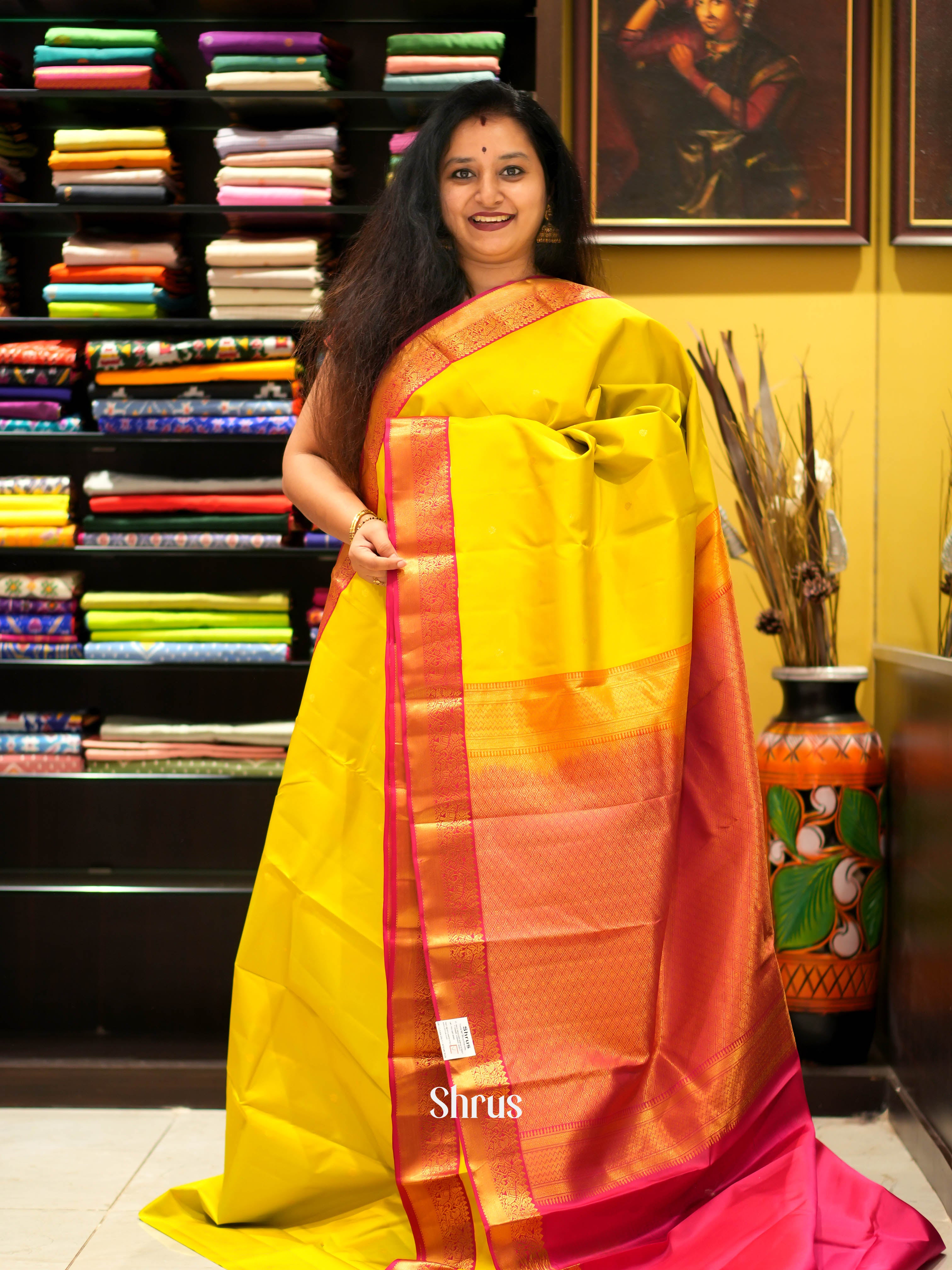 Mustardy Green & Maroon  - Kanchipuram Silk Saree