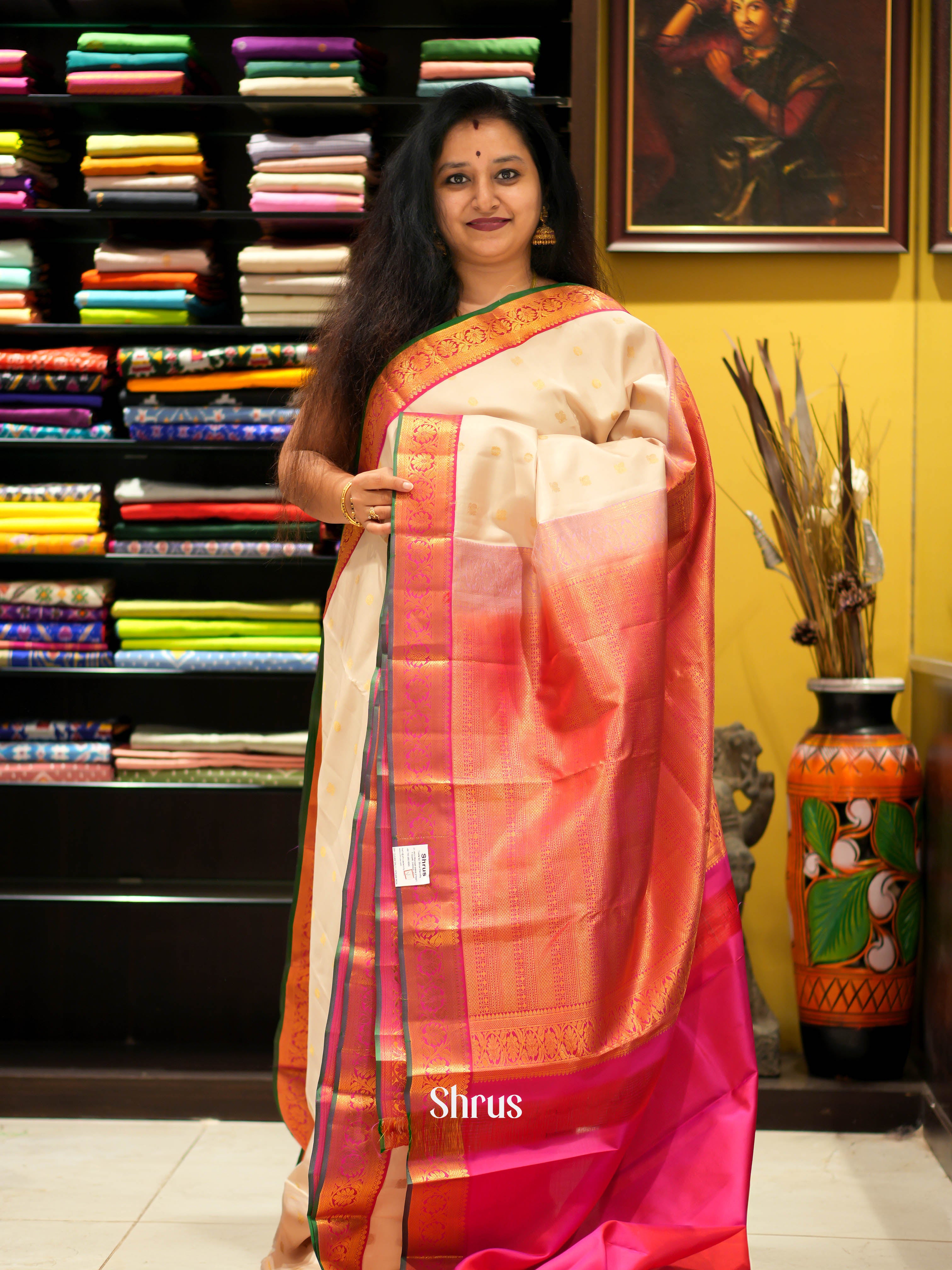 Cream & Pink- Kanchipuram Silk Saree