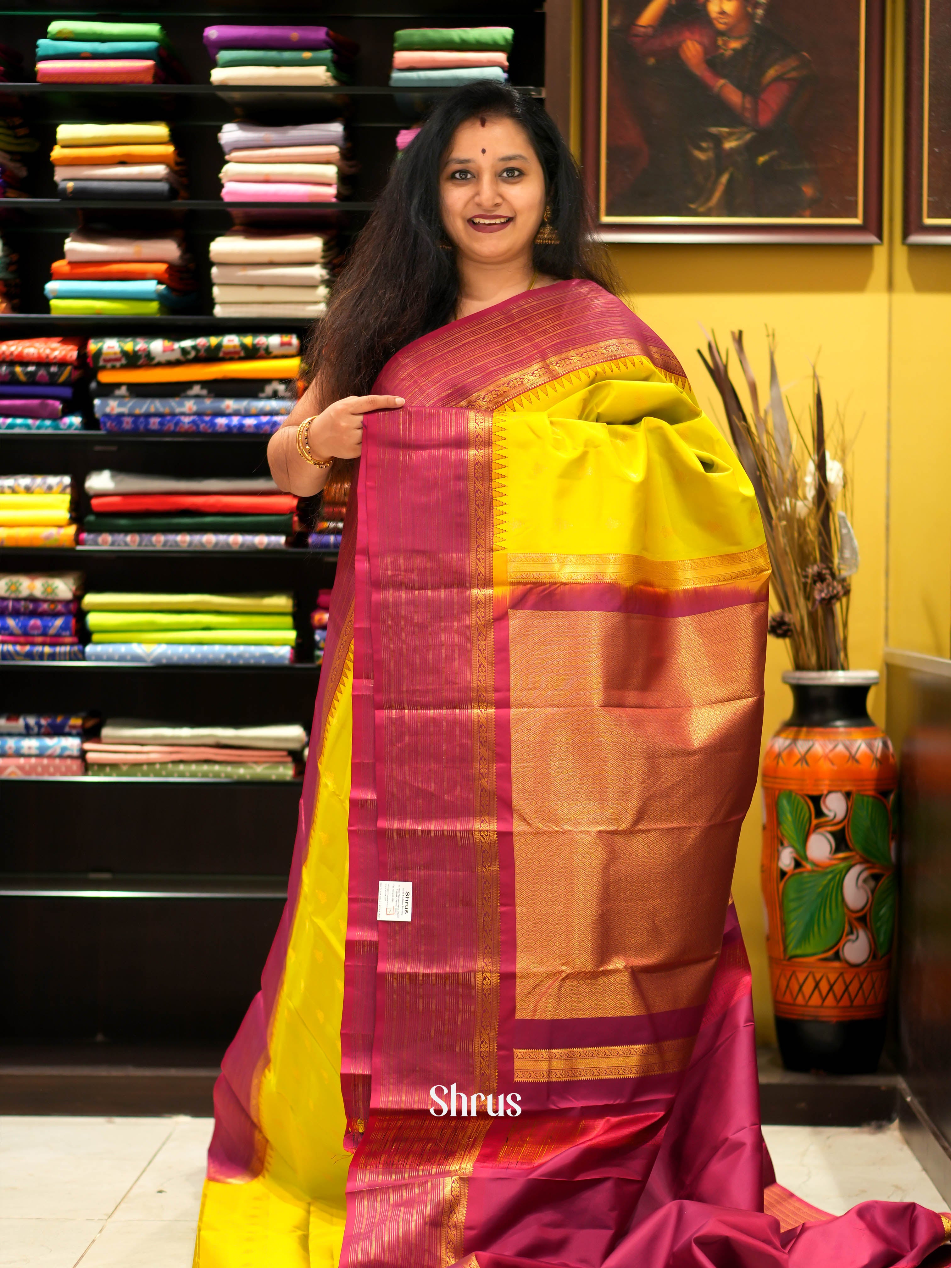 Mustardy Green &  Maroon - Kanchipuram Silk Saree