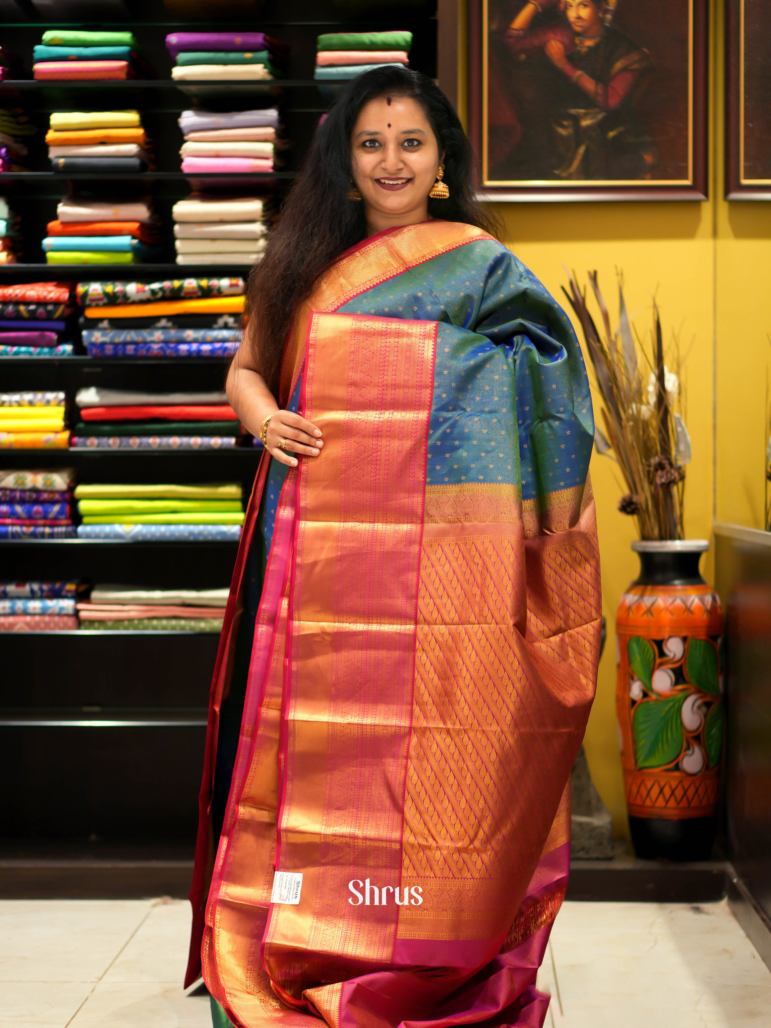 Double Shaded Bluish Green & Maroon - Kanchipuram Silk Saree