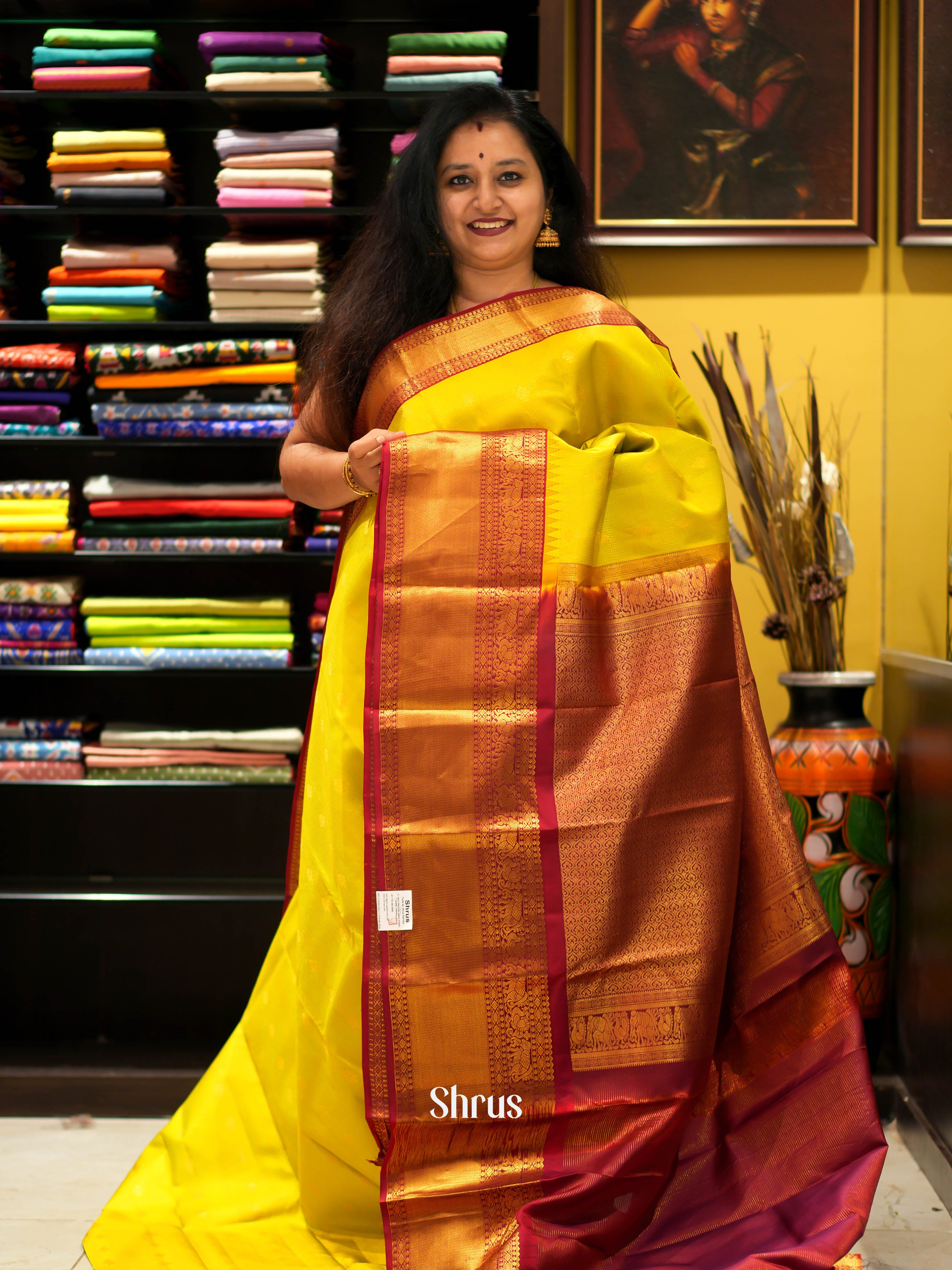 Mustardy Green & Maroon- Kanchipuram Silk Saree