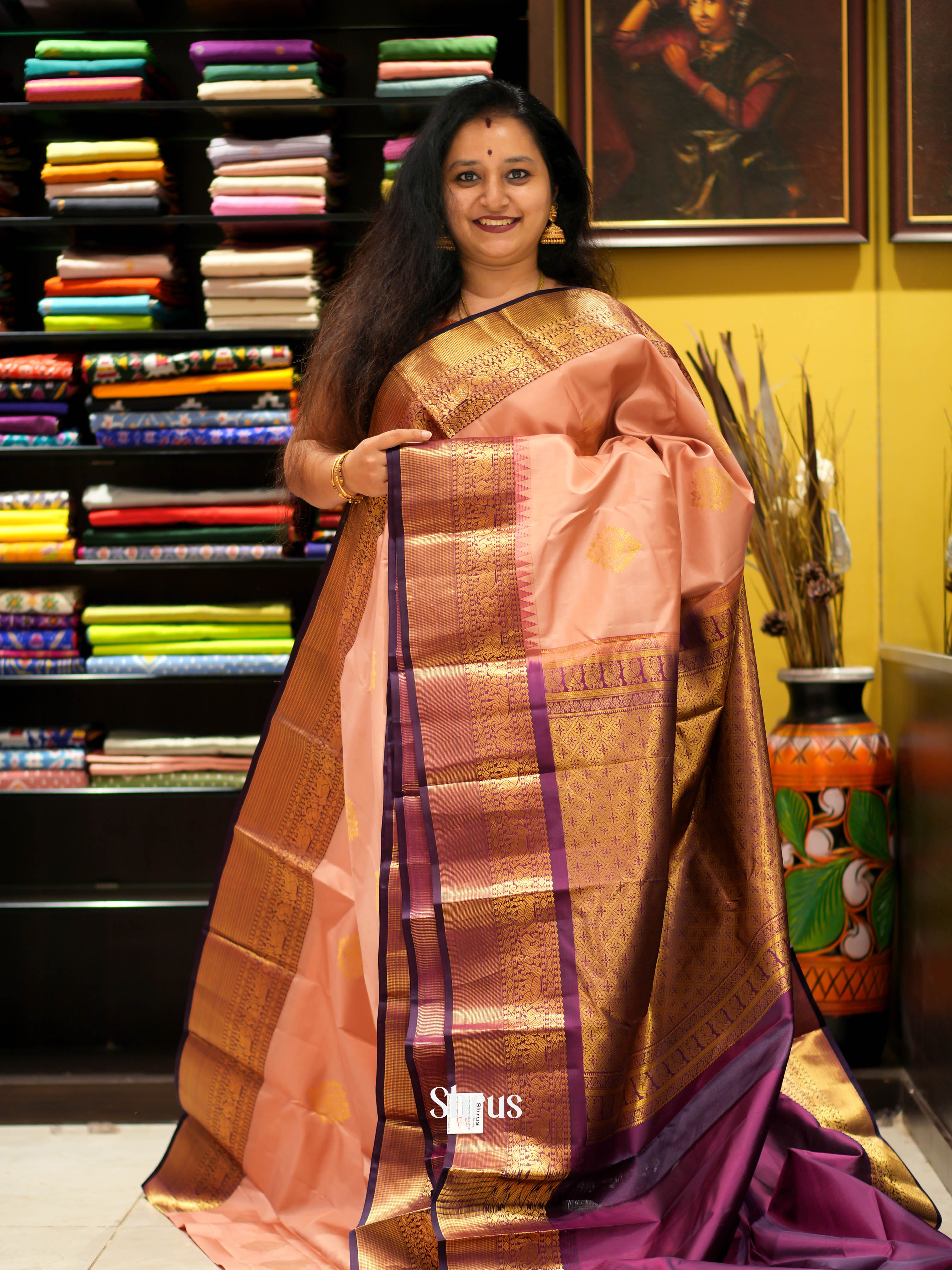 Peach & Purple  - Kanchipuram Silk Saree