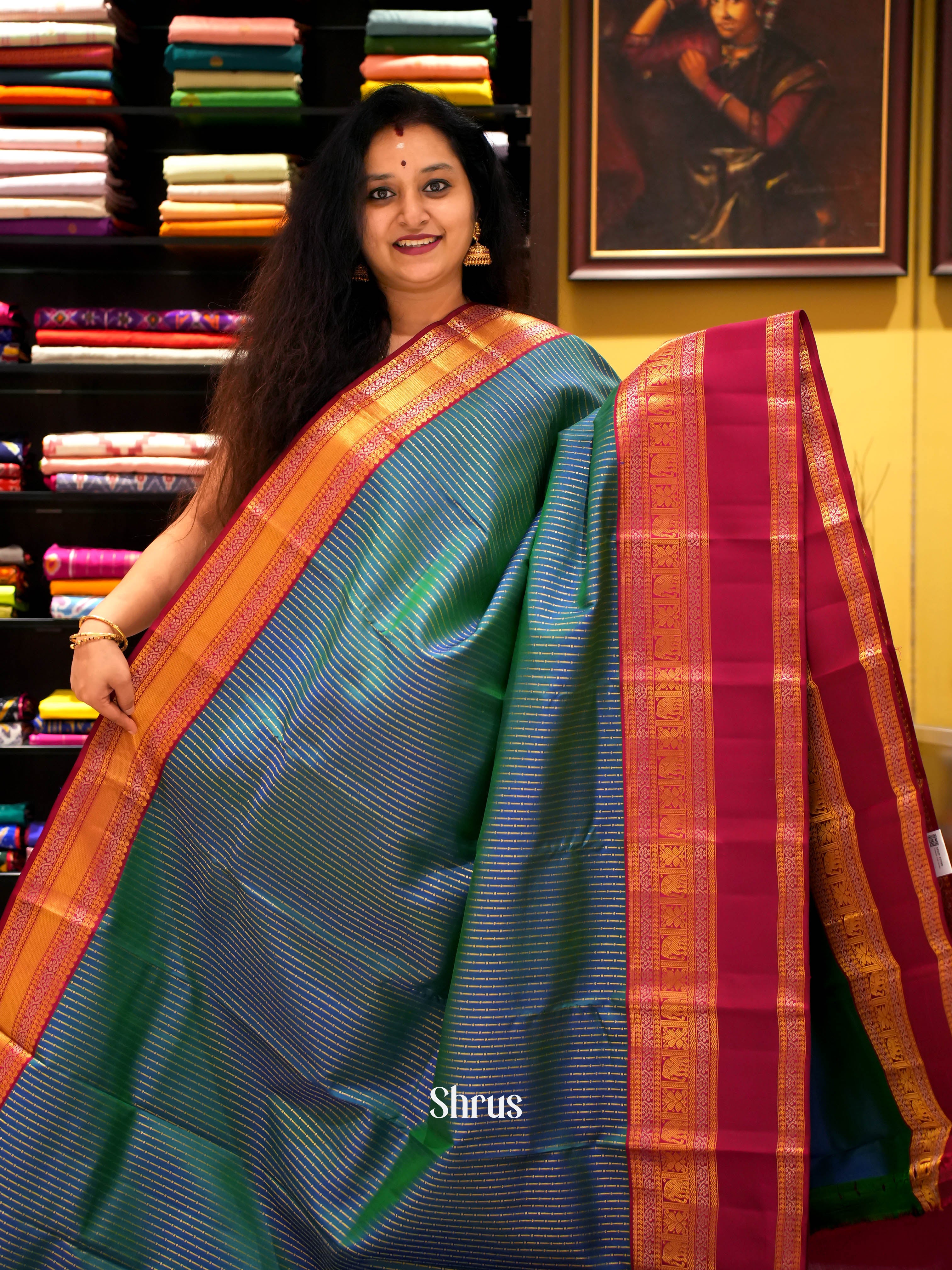 Peacock Green & Maroon - Kanchipuram silk Saree