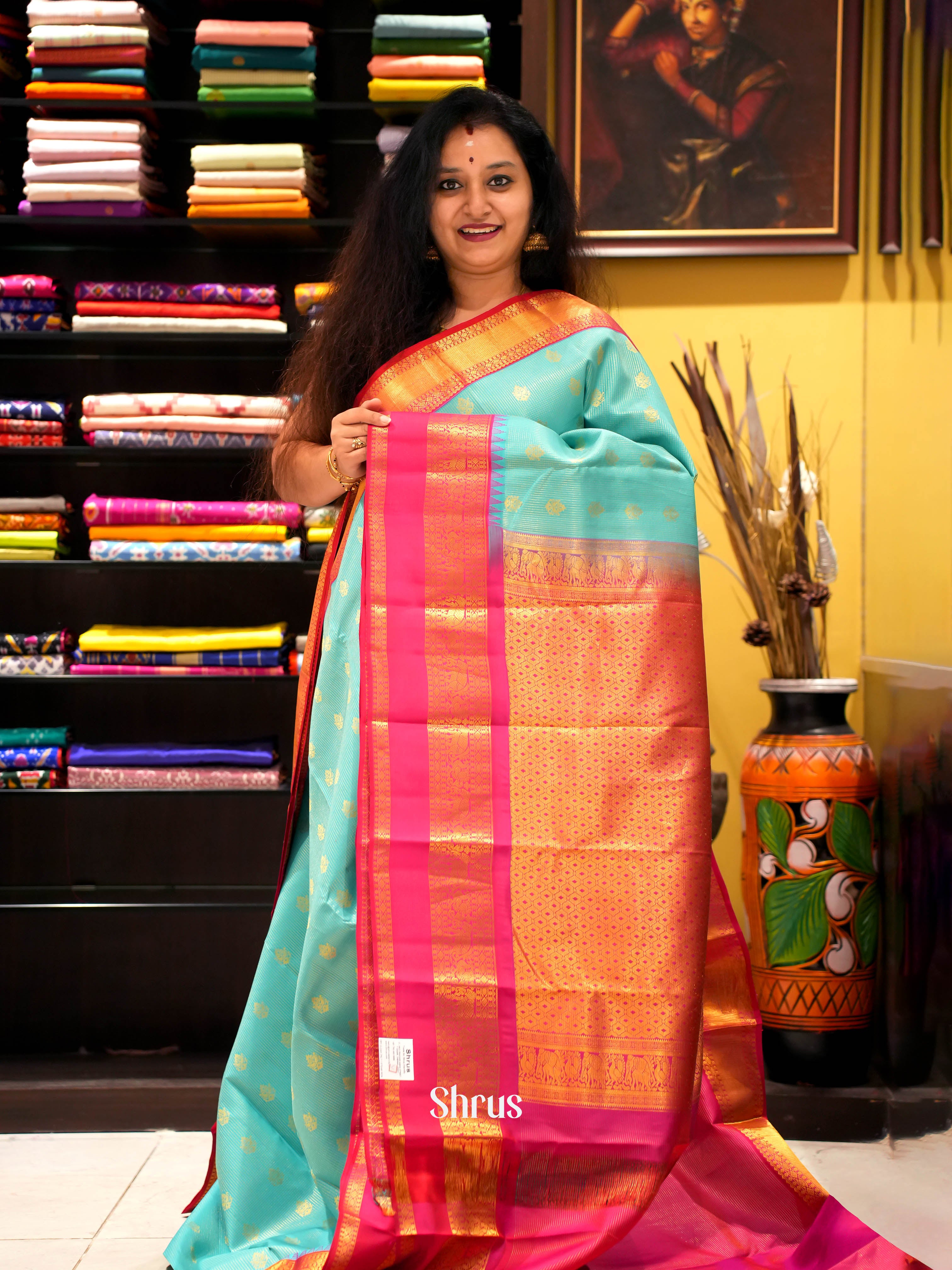 teal & Red - Kanchipuram silk Saree