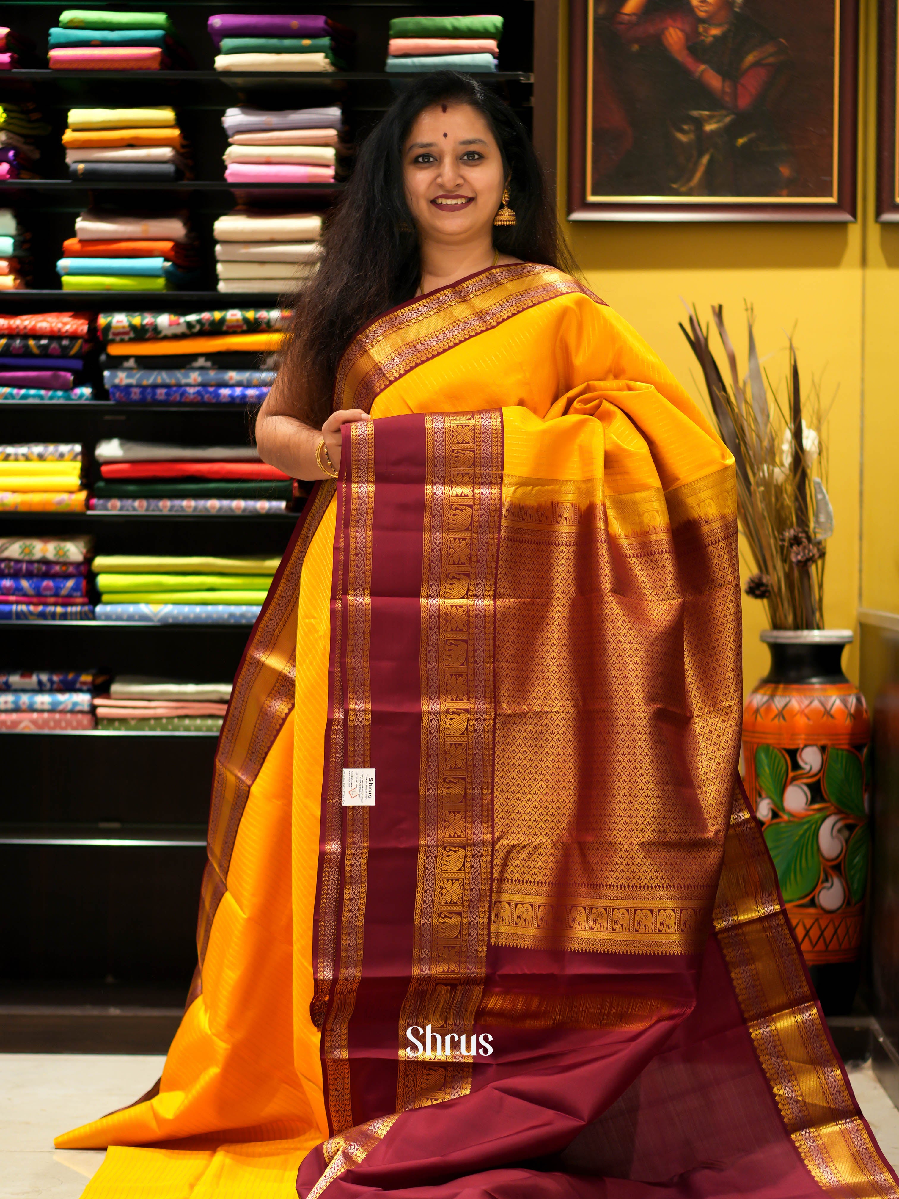 Yellow & Maroon - Kanchipuram Silk Saree