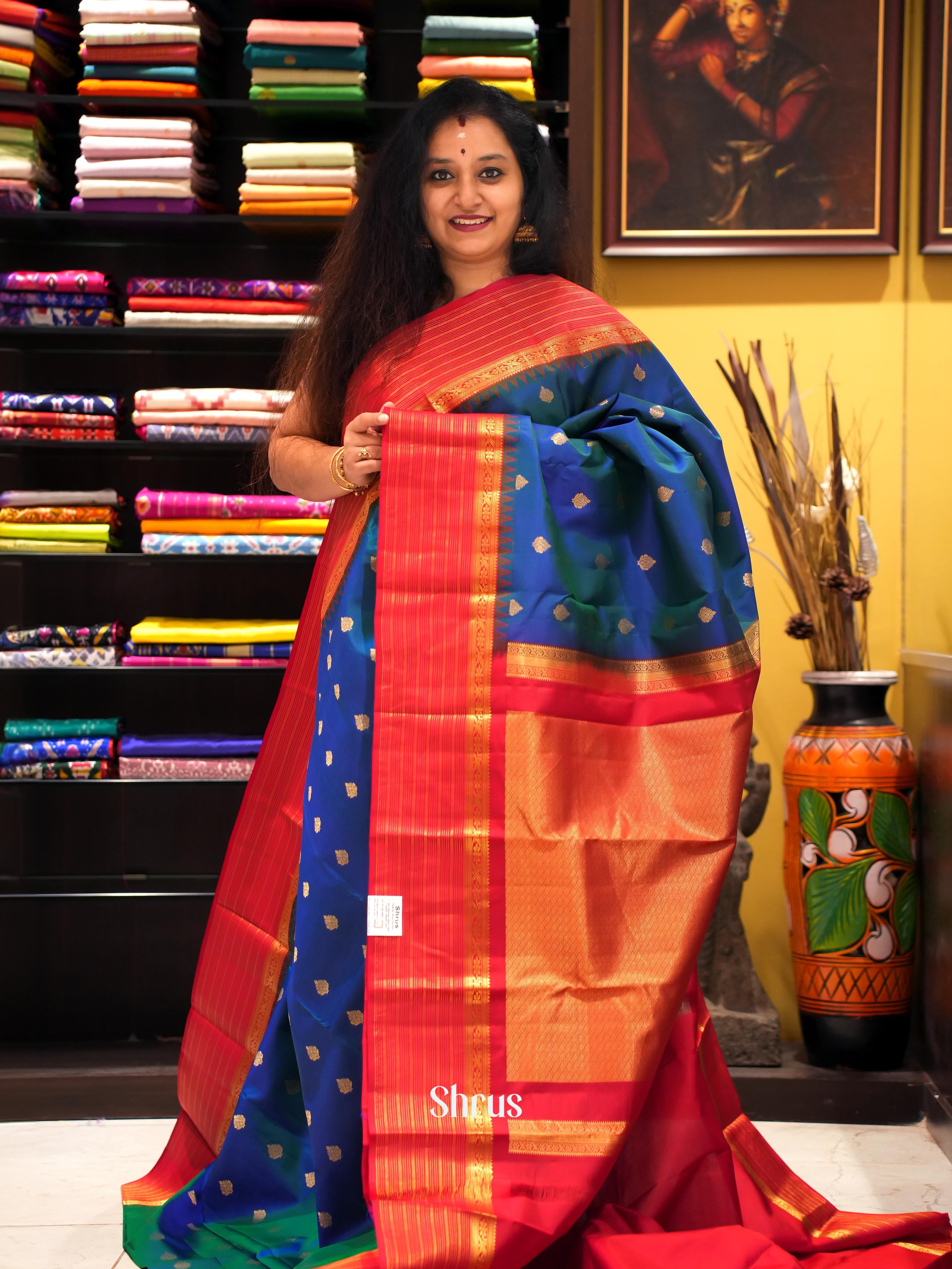 Blue & Red - Kanchipuram silk Saree