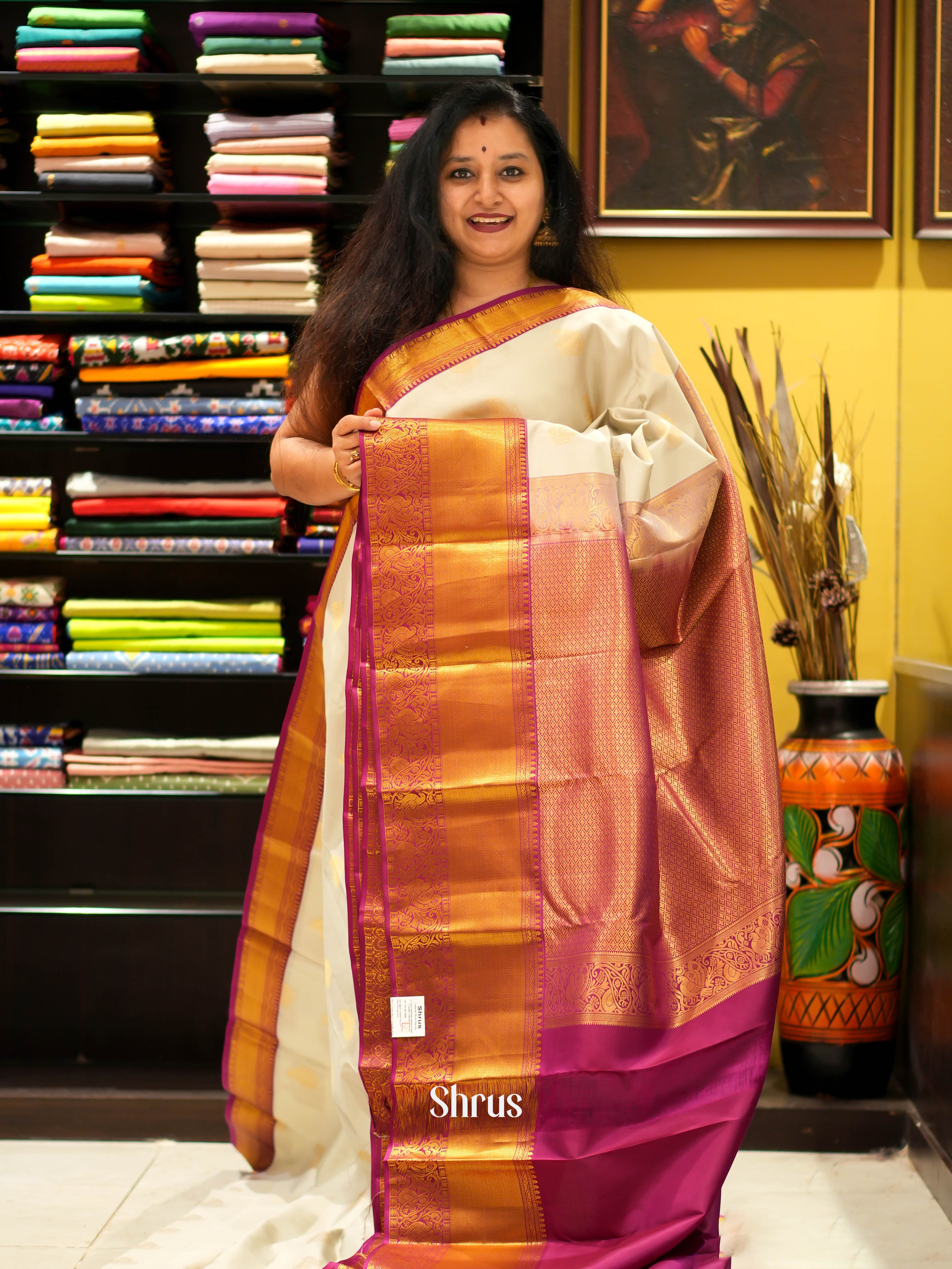 Cream & Maroon - Kanchipuram Silk Saree