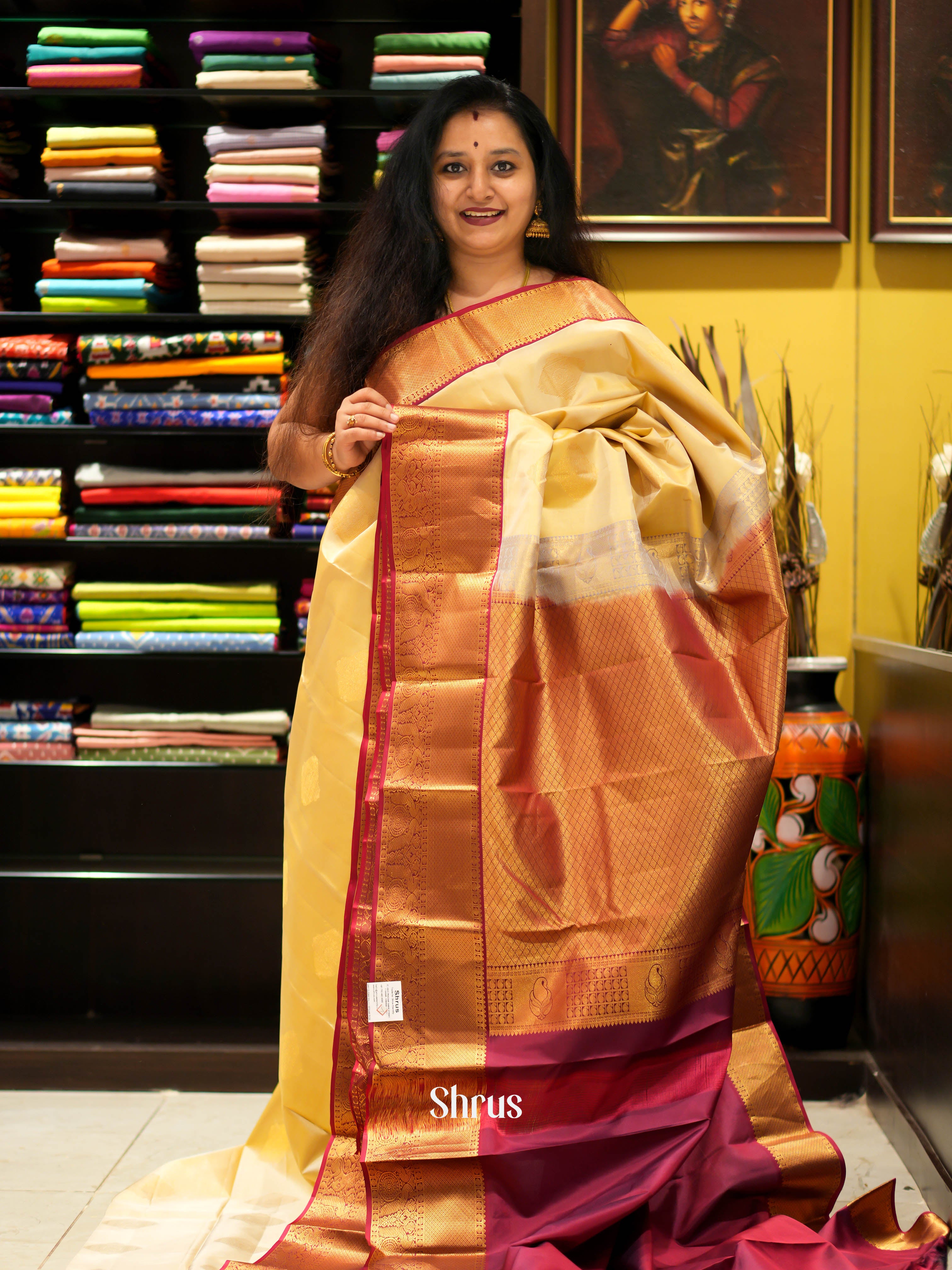 Beige & Maroon - Kanchipuram Silk Saree