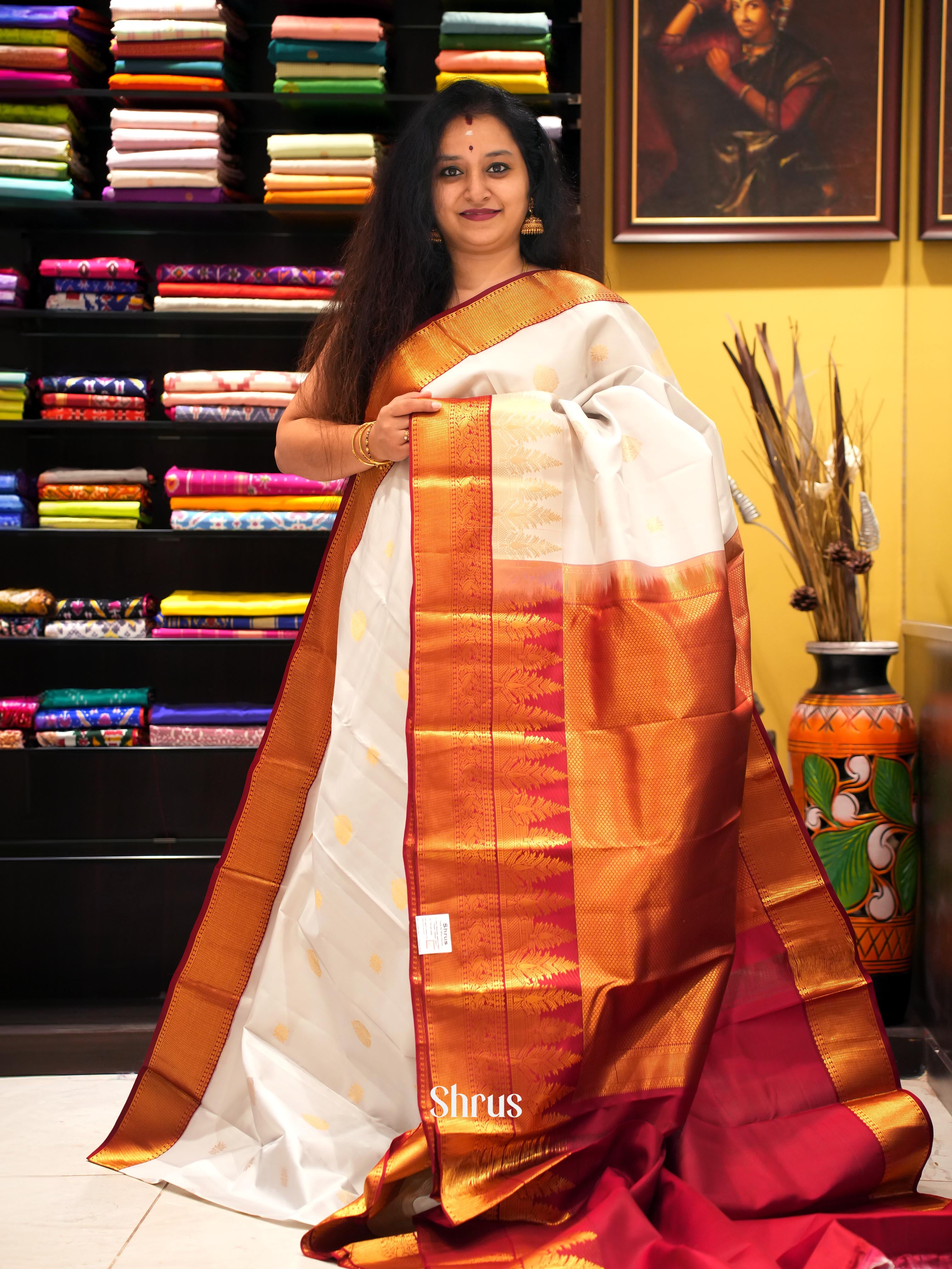 White & Maroon - Kanchipuram silk Saree