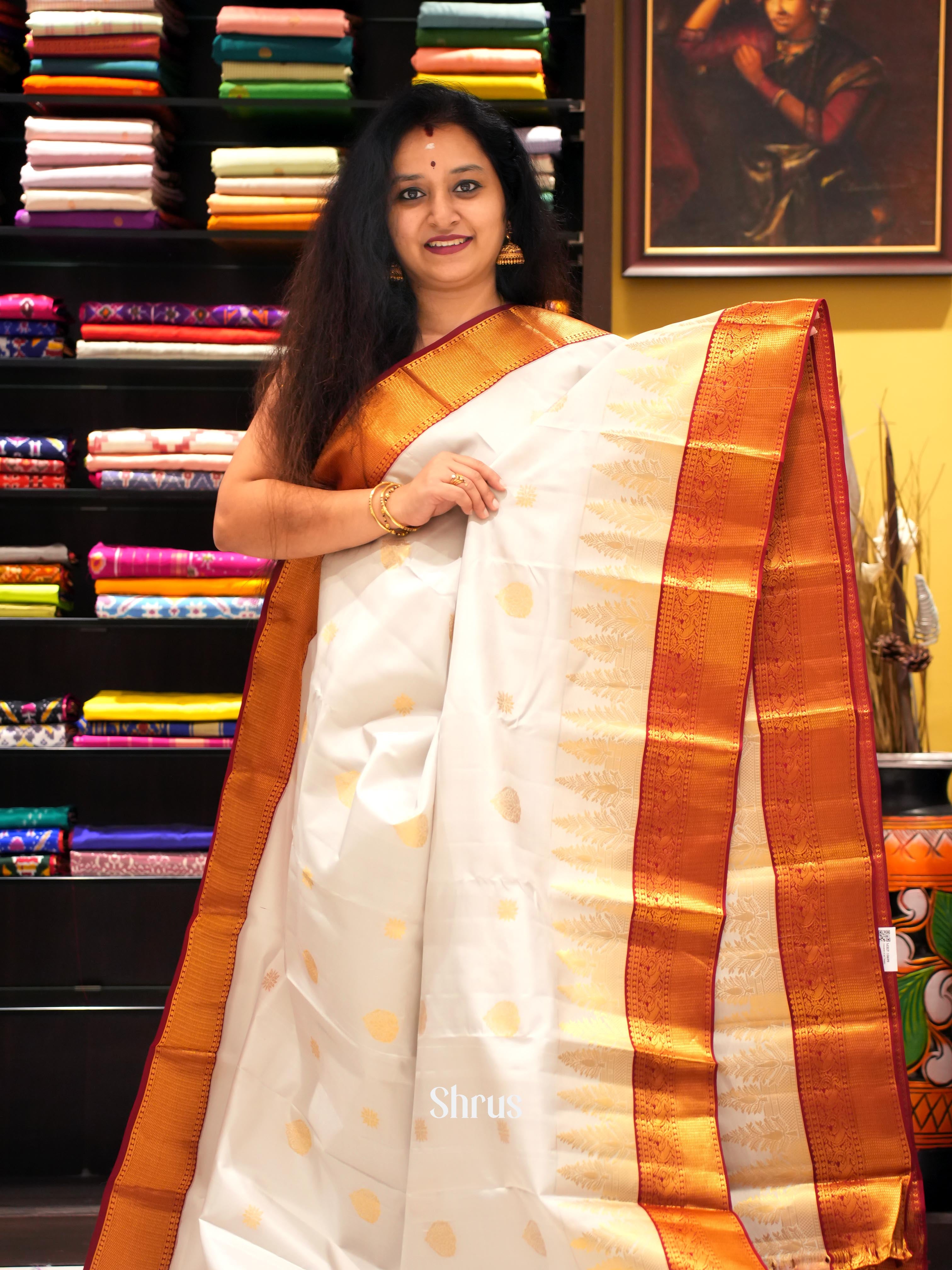 White & Maroon - Kanchipuram silk Saree