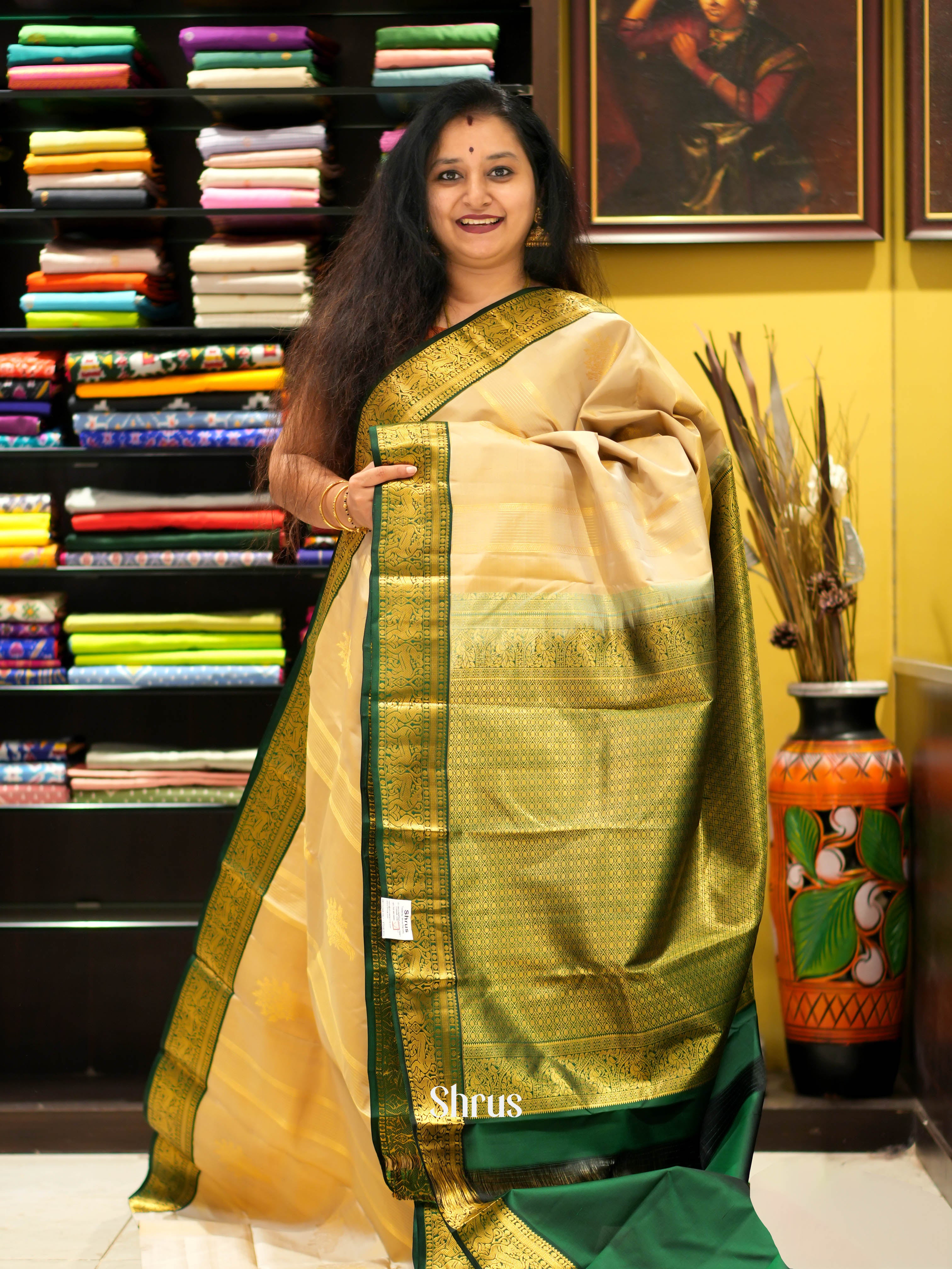 Beige  & Bottle  Green - Kanchipuram Silk Saree