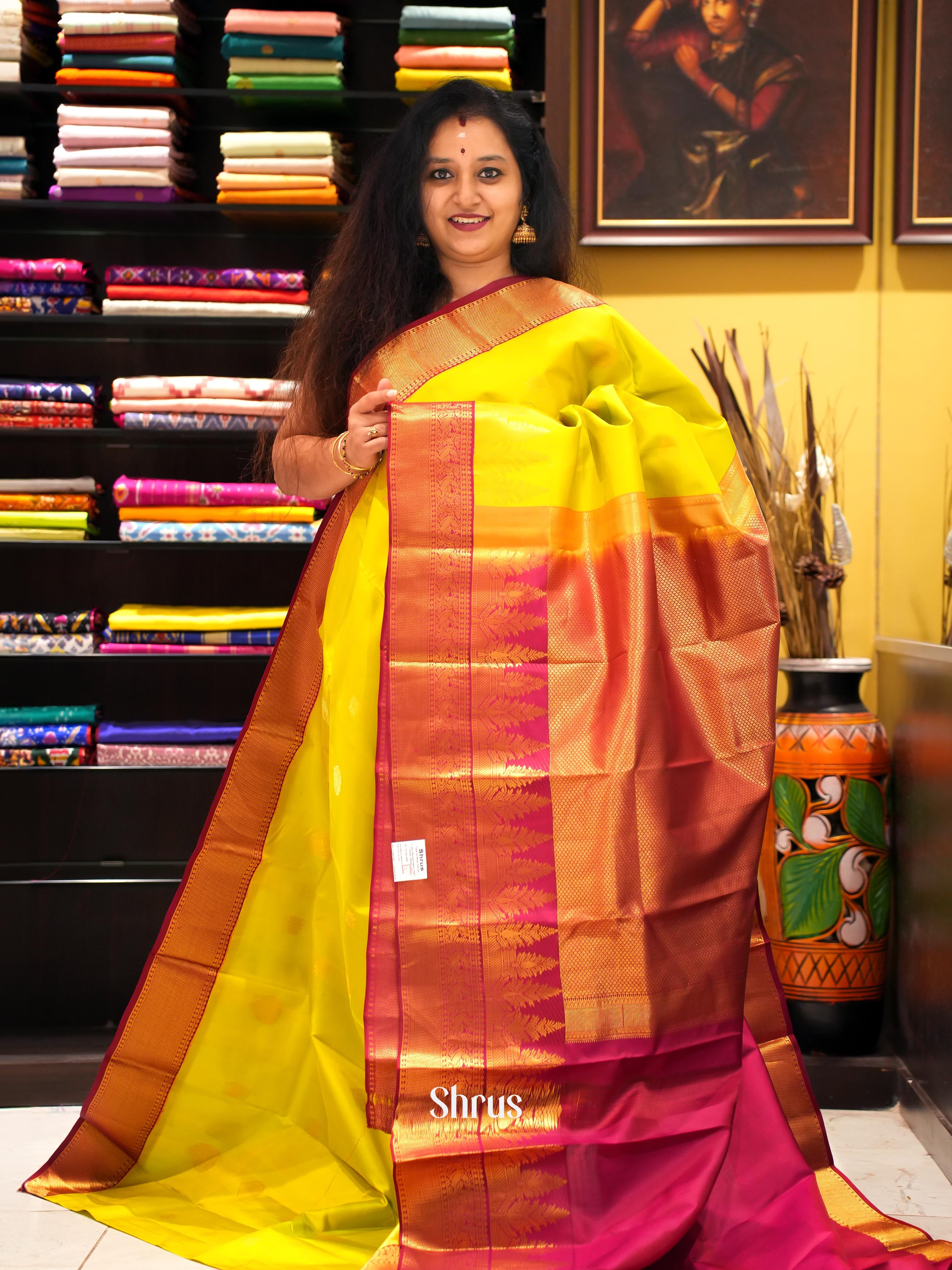 Mustardy Green & Maroon - Kanchipuram silk Saree