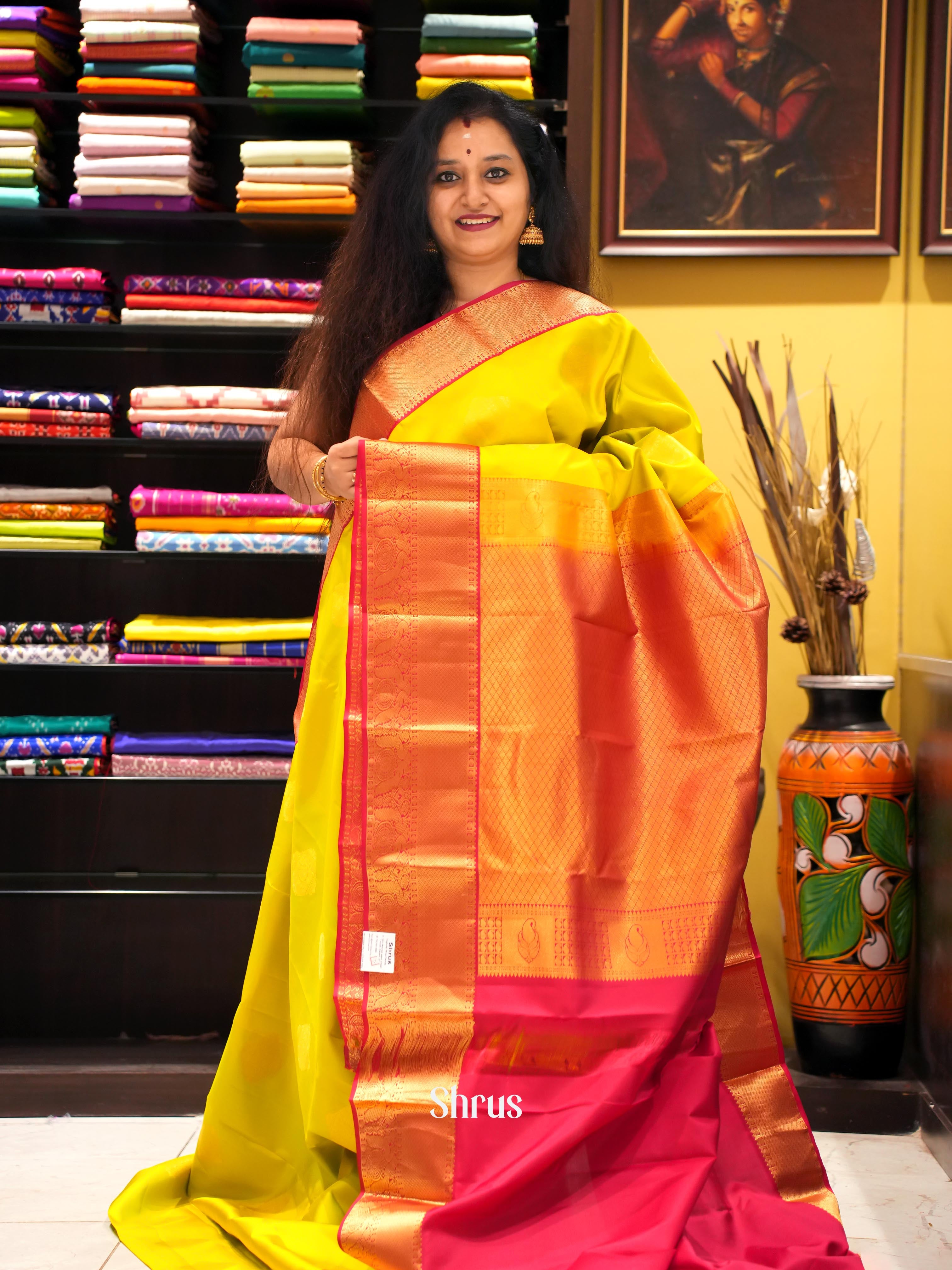 Mustardy Green & Maroon - Kanchipuram silk Saree