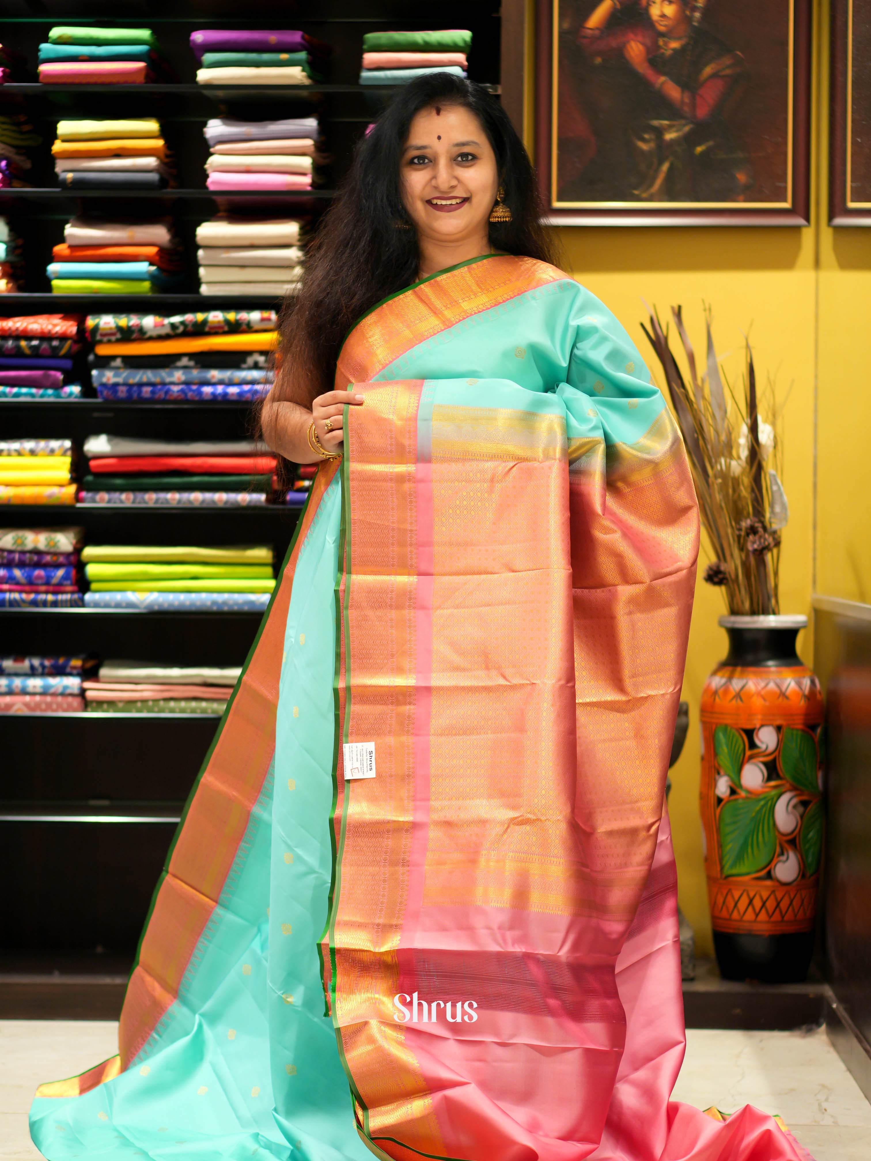 Teal & Orangish Pink- Kanchipuram Silk Saree