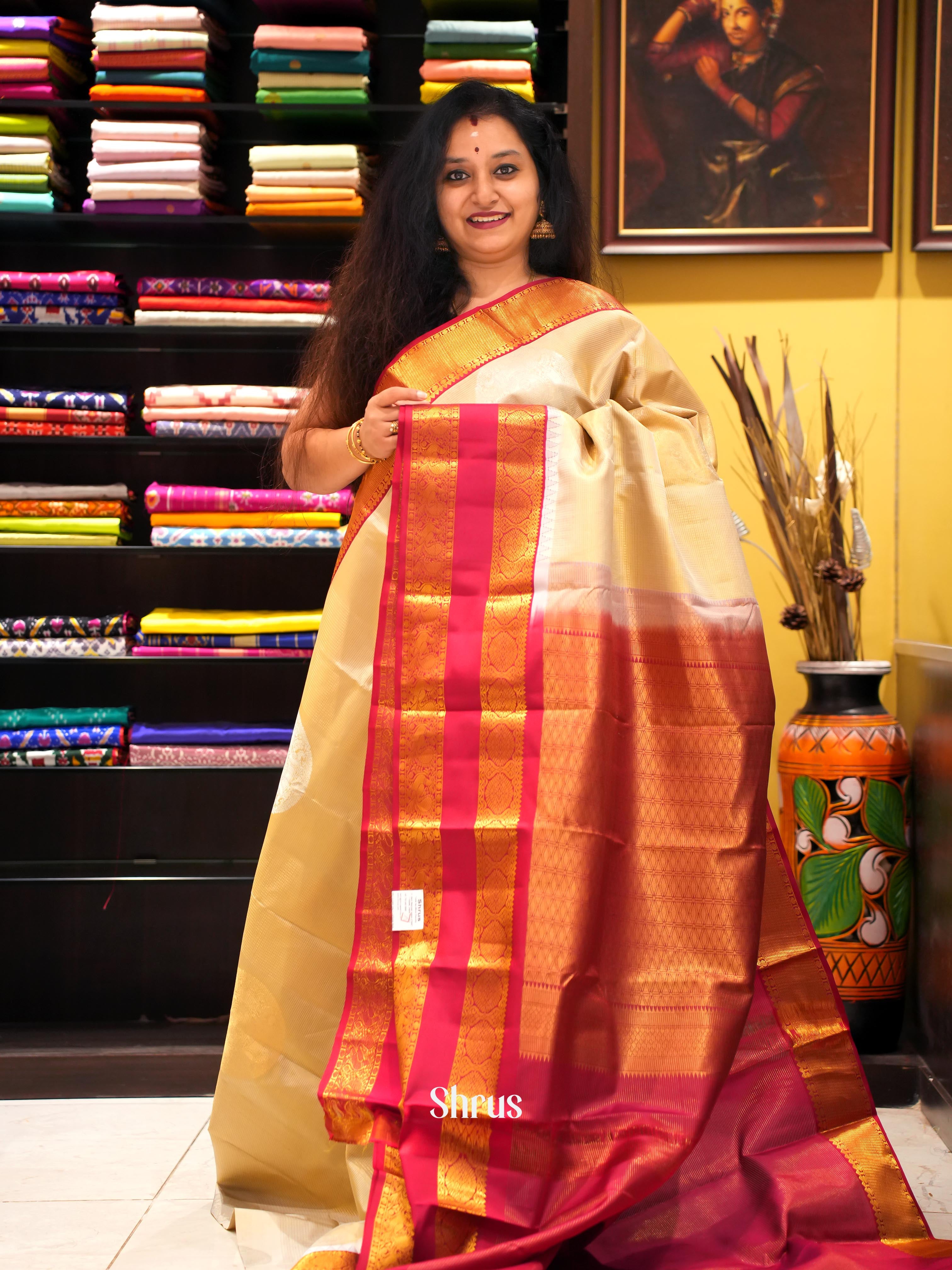 Cream & Maroon - Kanchipuram silk Saree