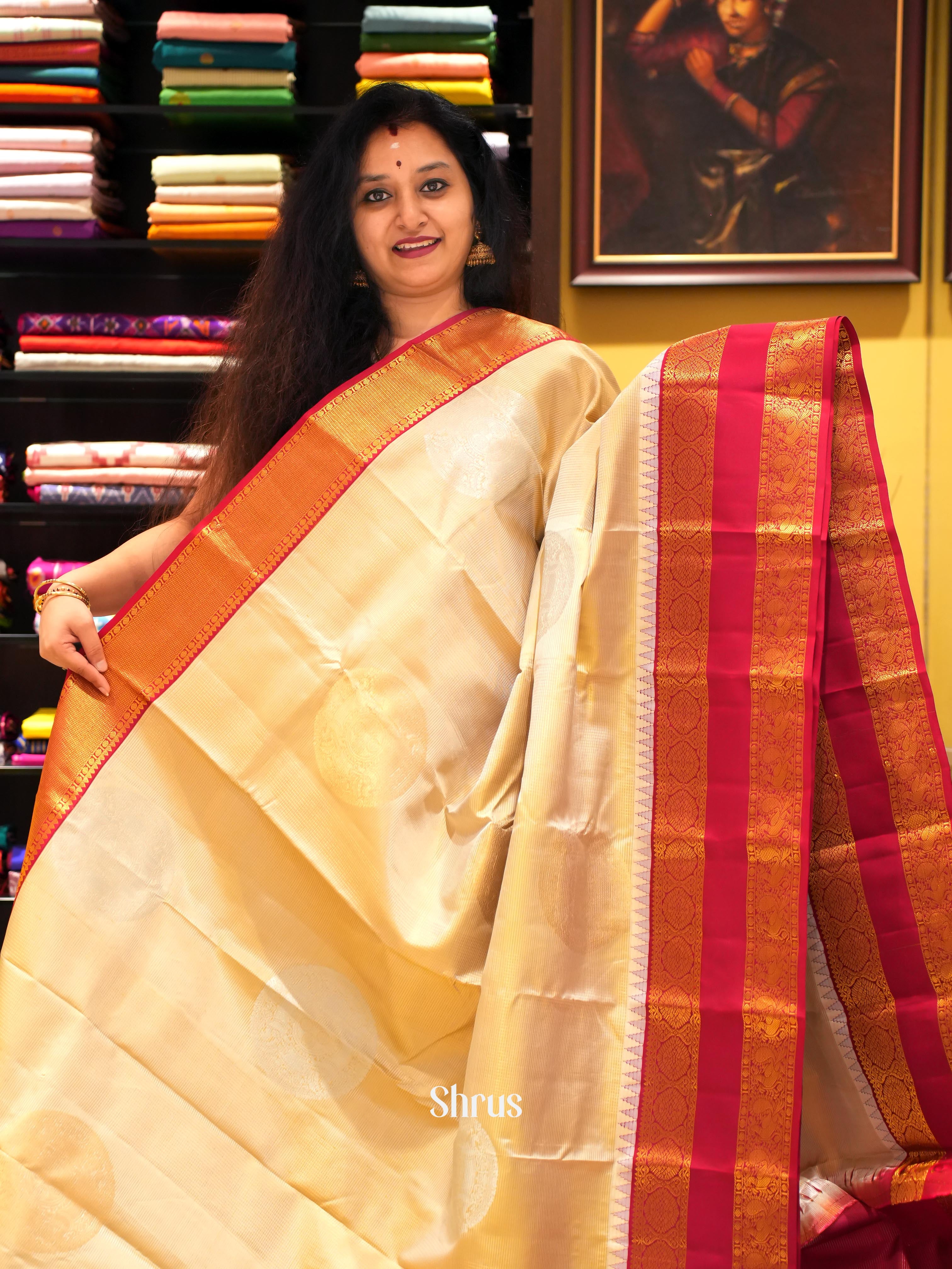 Cream & Maroon - Kanchipuram silk Saree