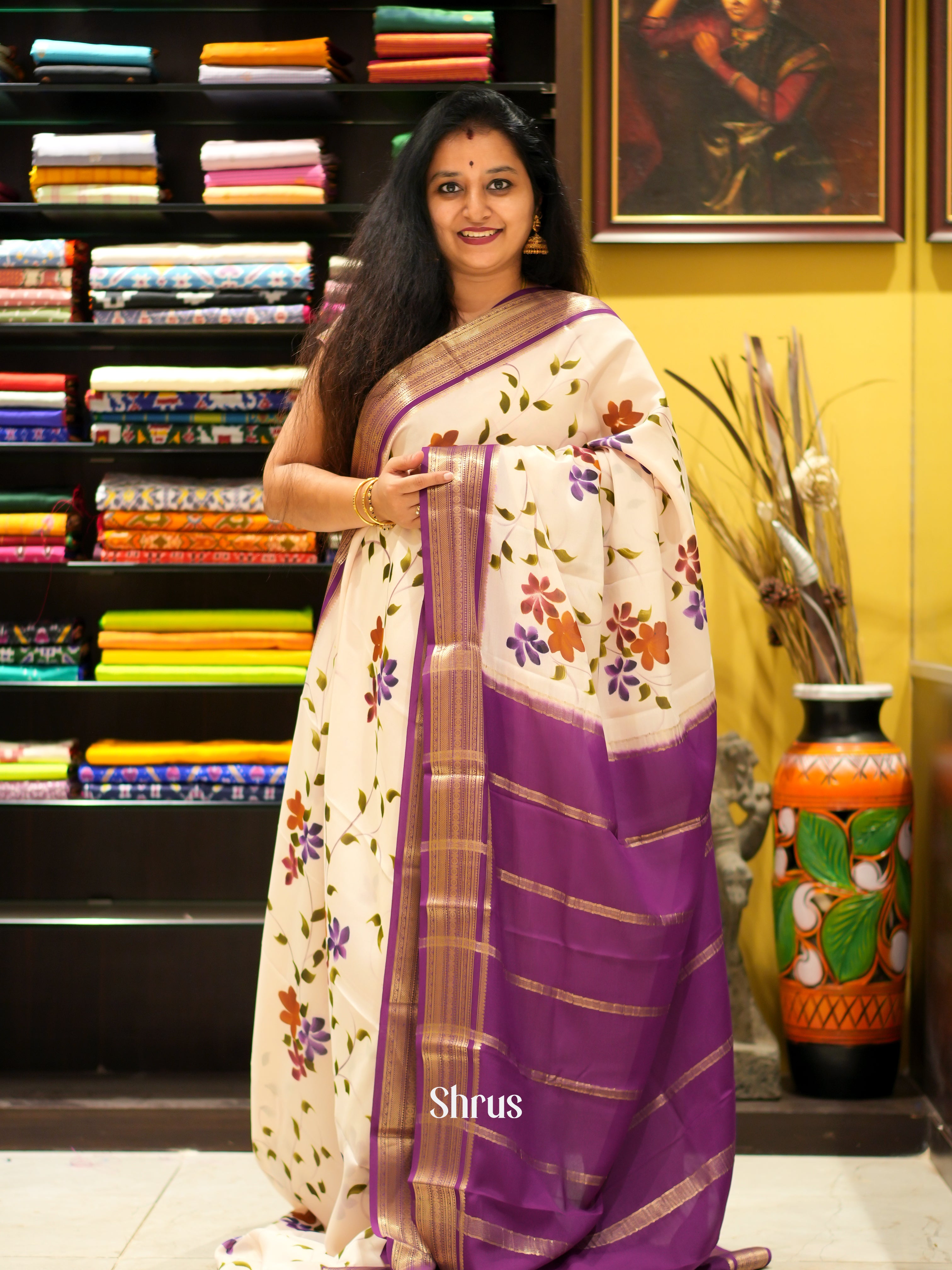 Cream & Purple - Mysore Silk Saree