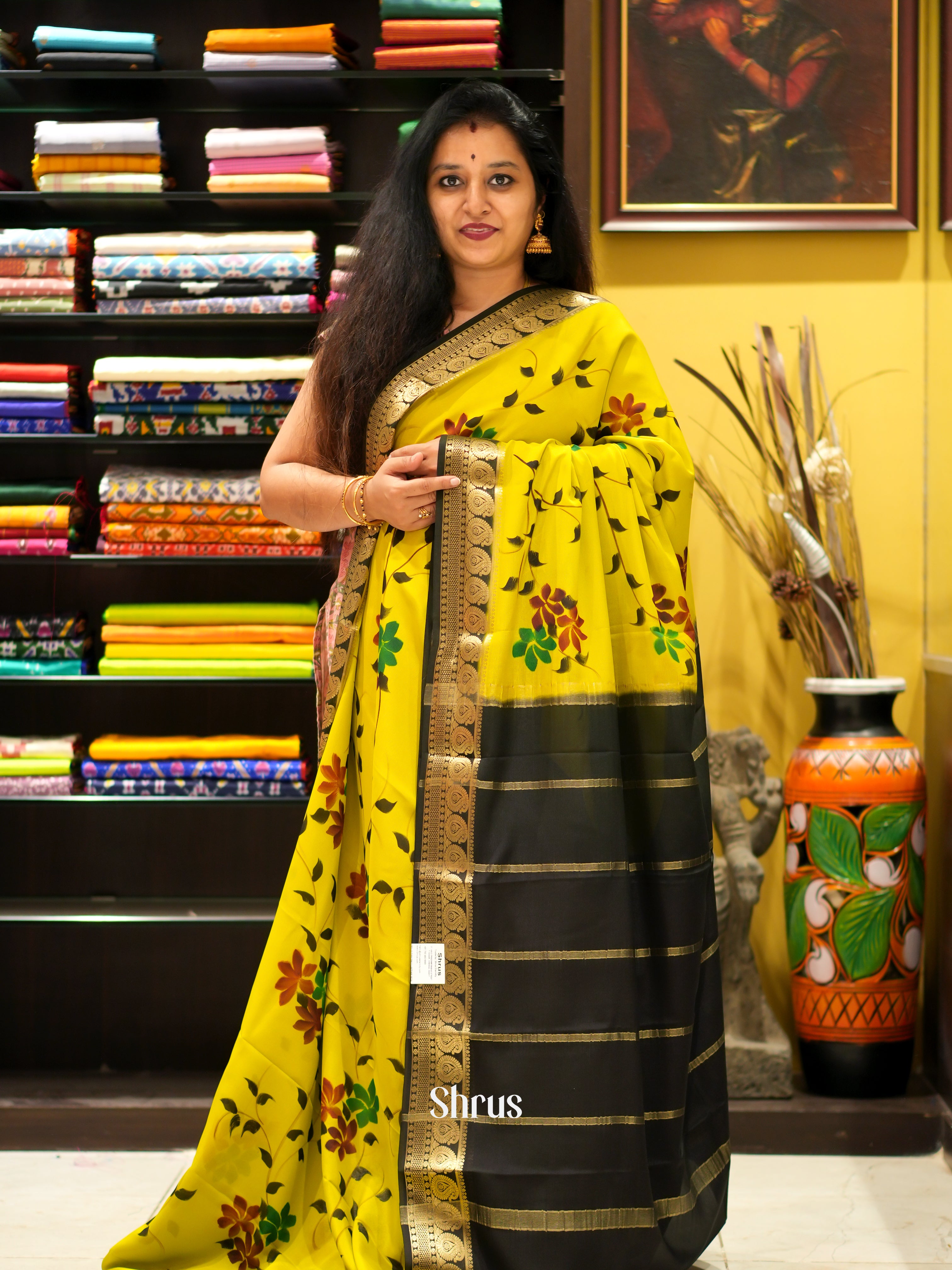 Yellow & Black - Mysore Silk Saree