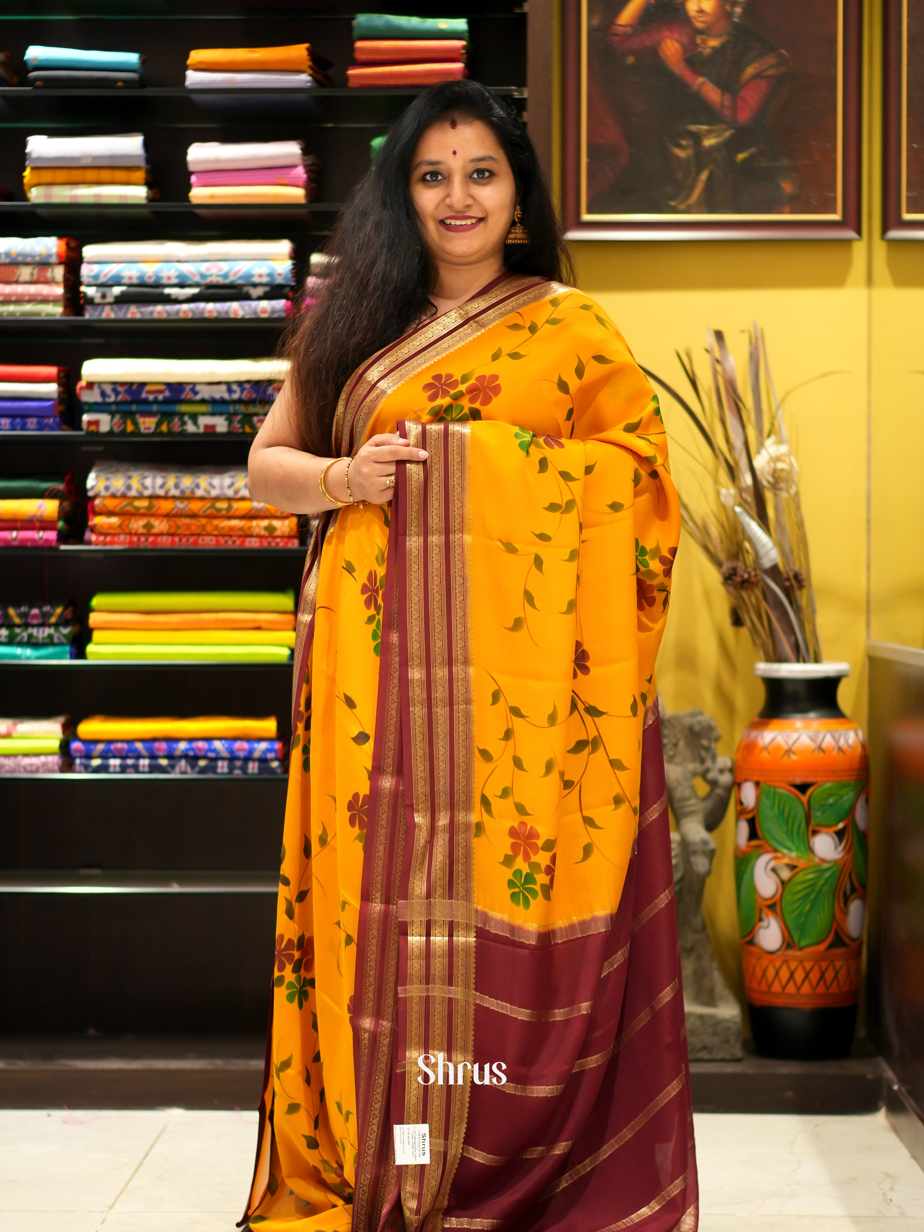 Orange & Brown - Mysore Silk Saree