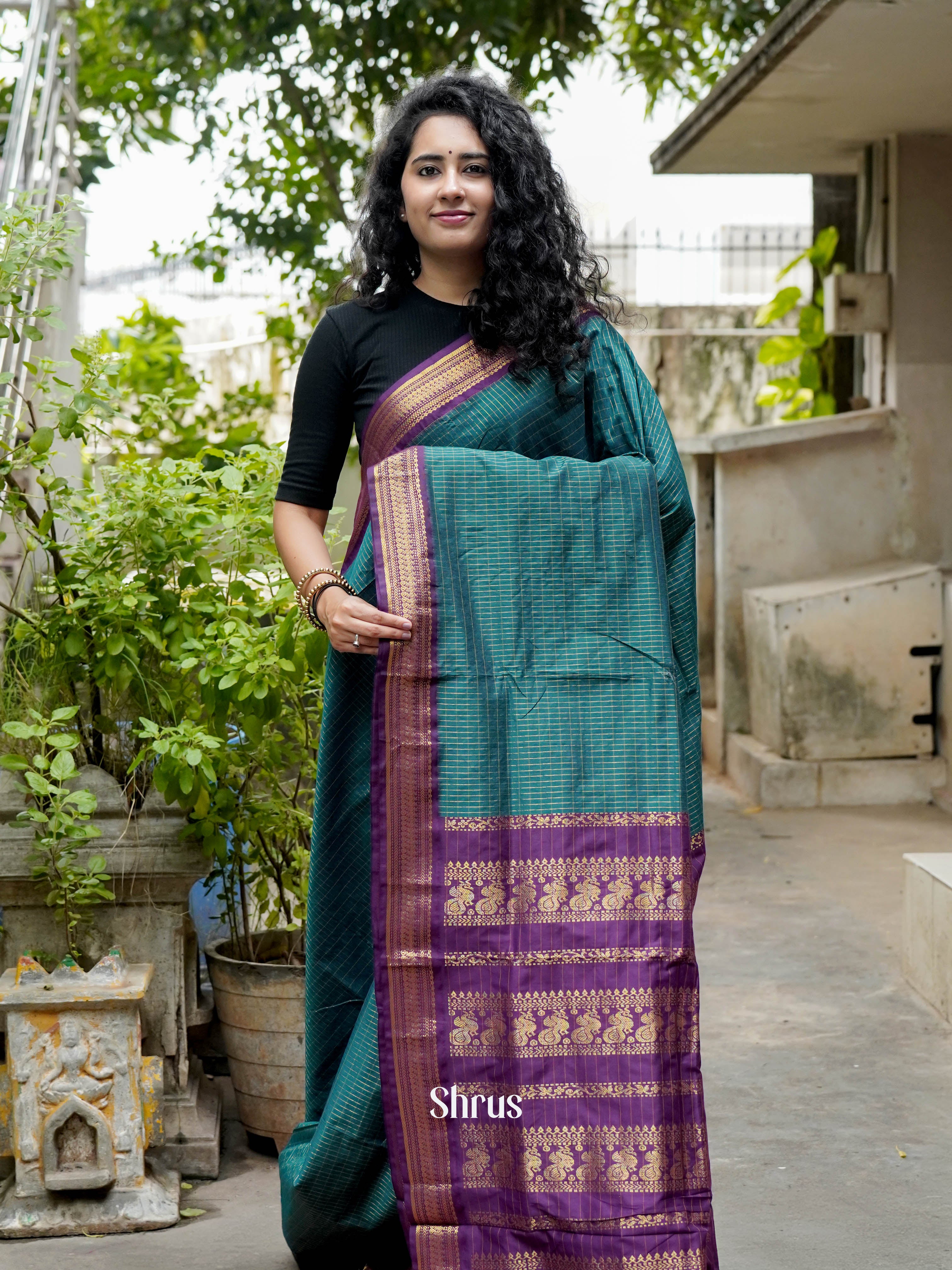 Peacock Green & Purple - Kalyani Cotton Saree