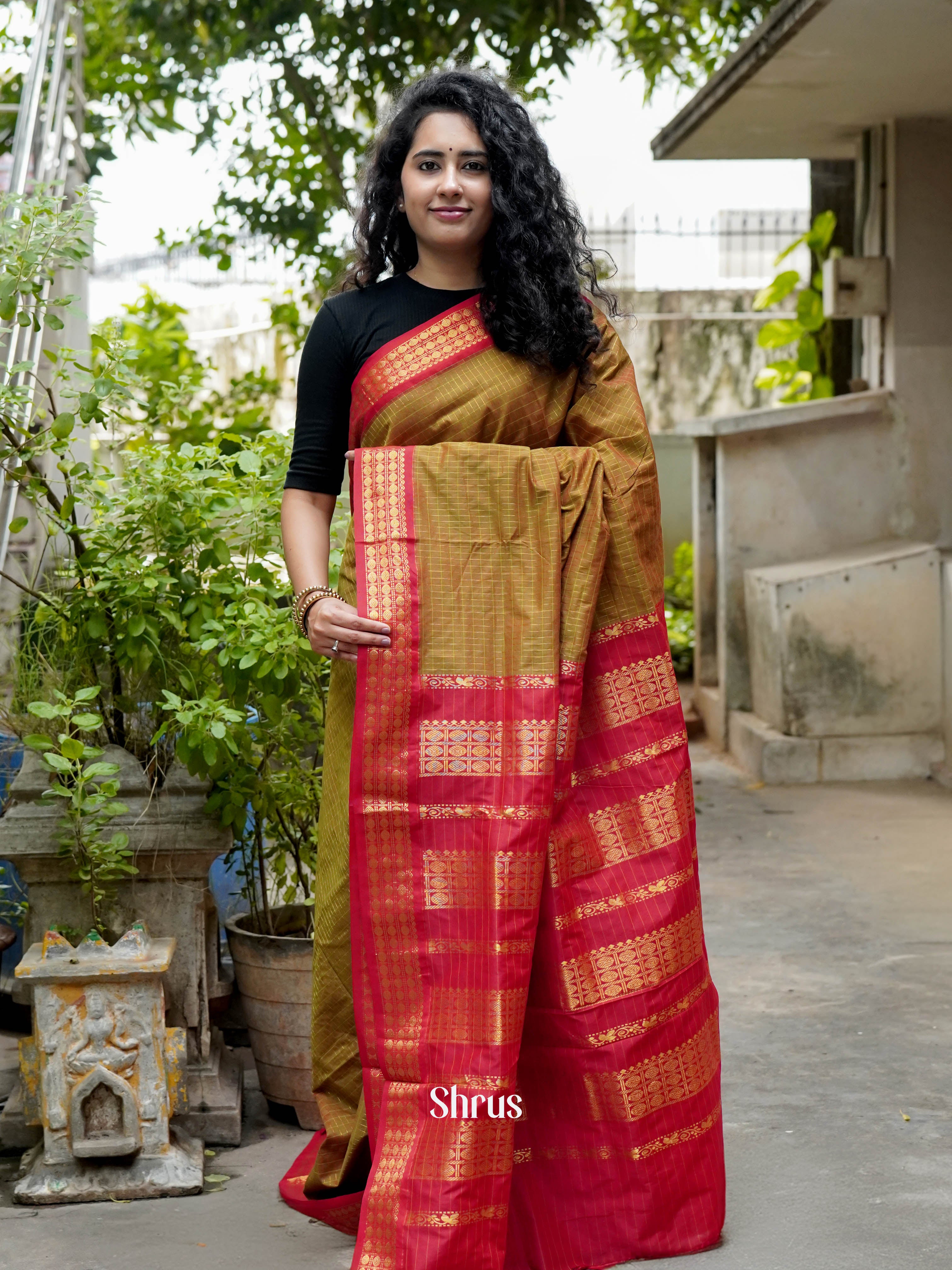 Mehandi Green & Red - Kalyani Cotton Saree