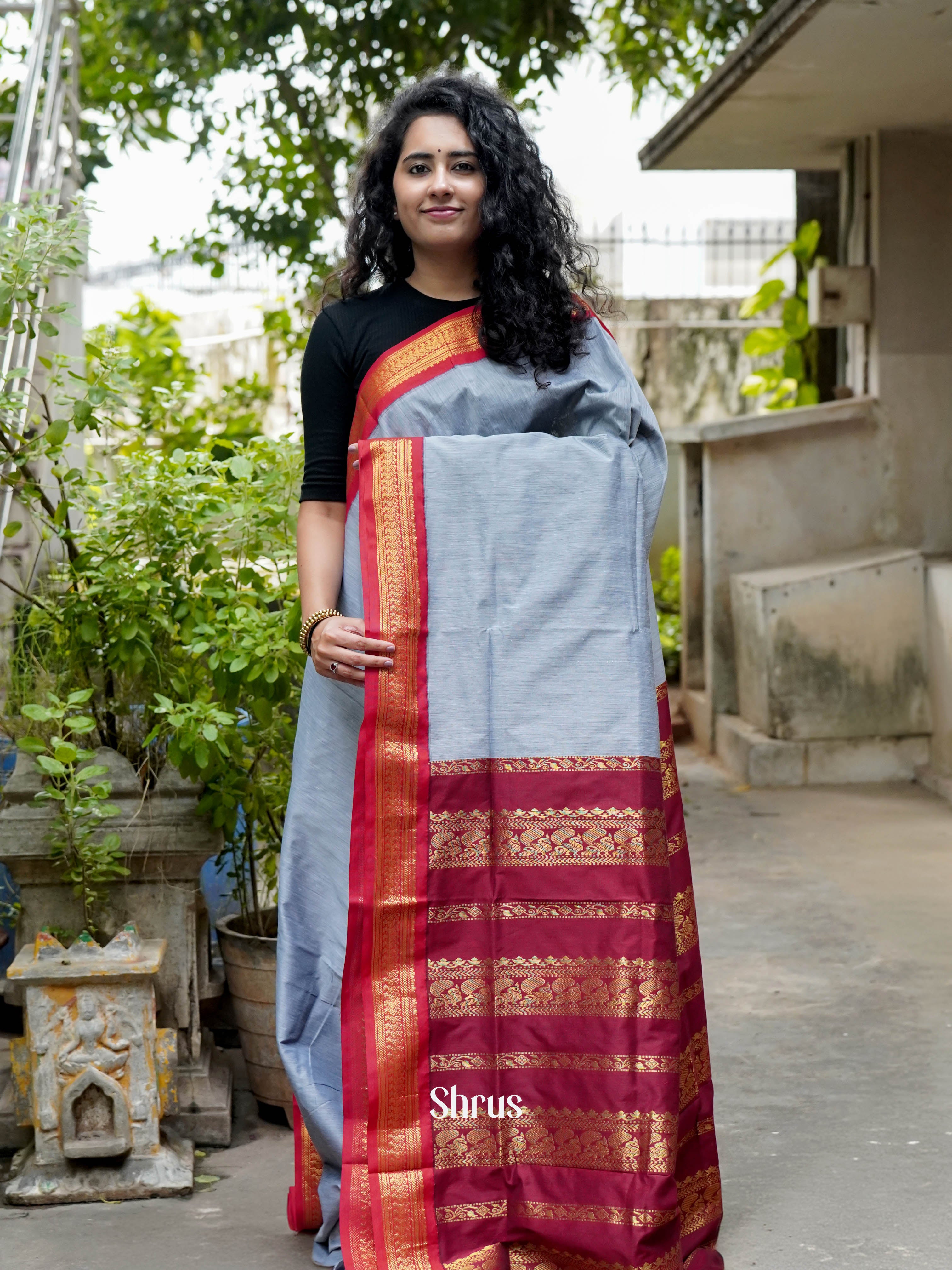 Blue & Maroon  - Kalyani Cotton Saree