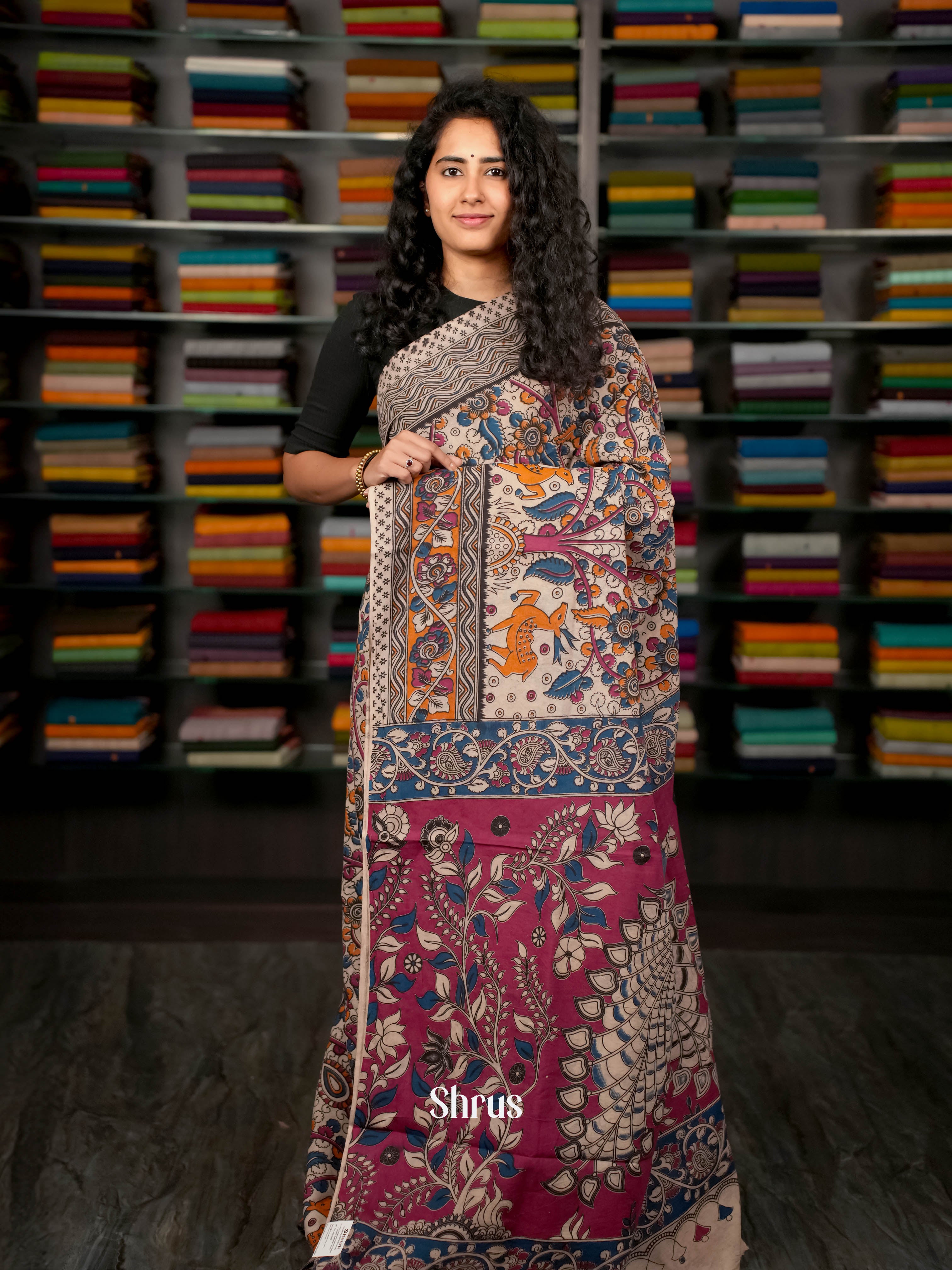 Cream & Pink- kalamkari-cotton Saree