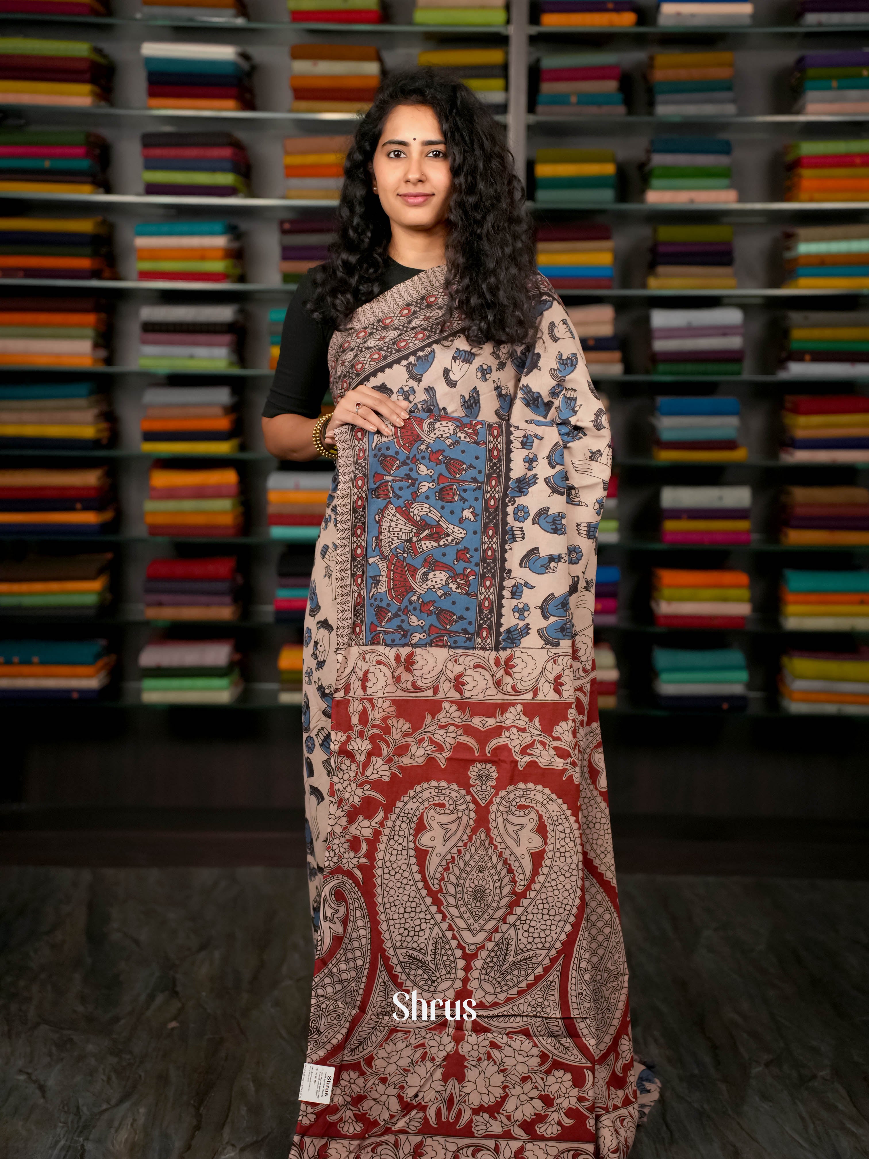 Cream & Red- kalamkari-cotton Saree