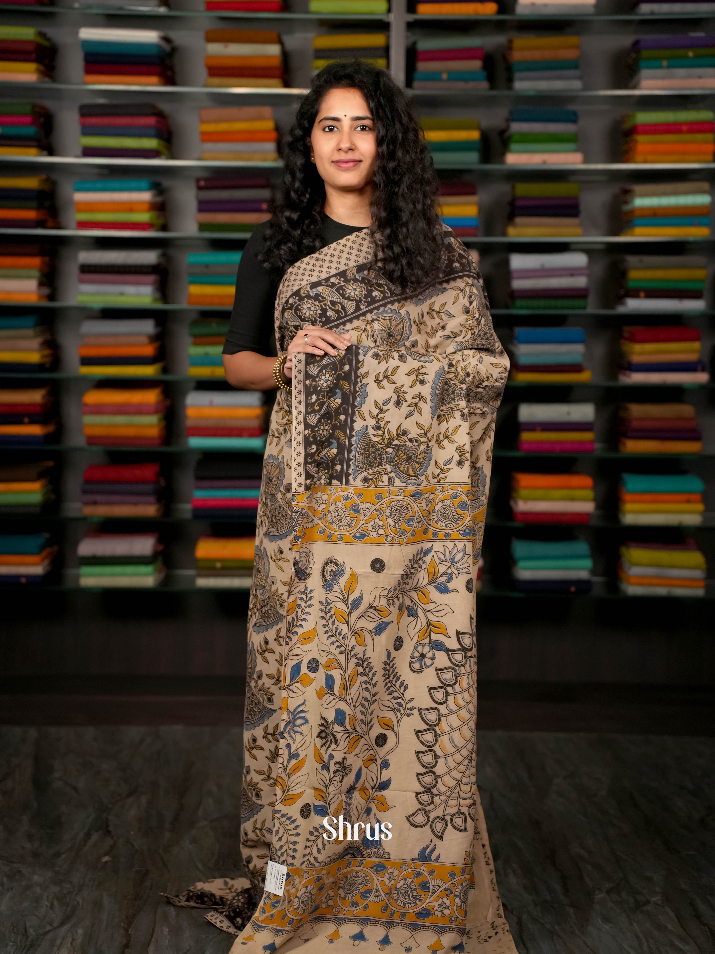 Beige & Black - kalamkari-cotton Saree