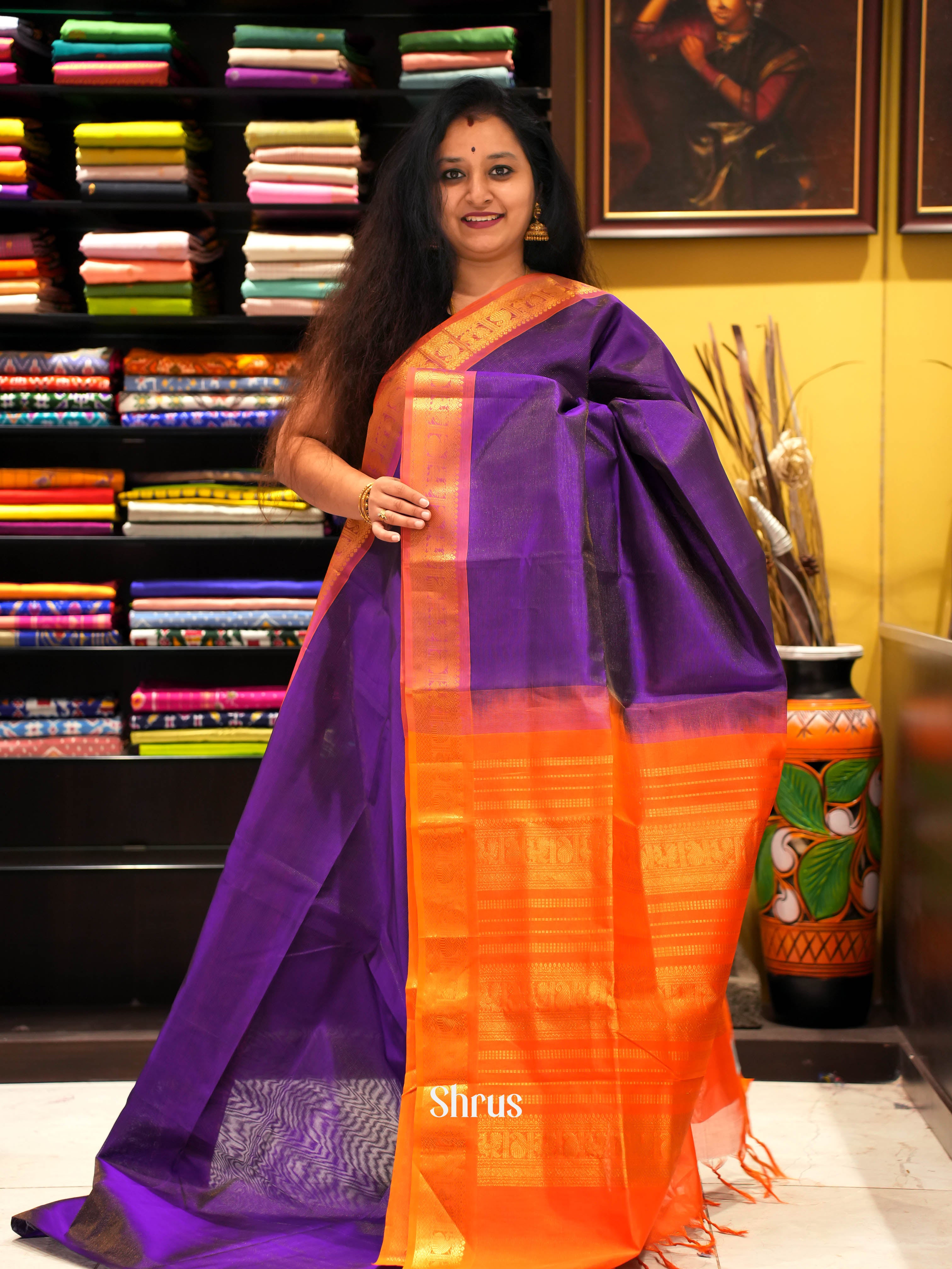 Violet & Orange- Silk Cotton Saree