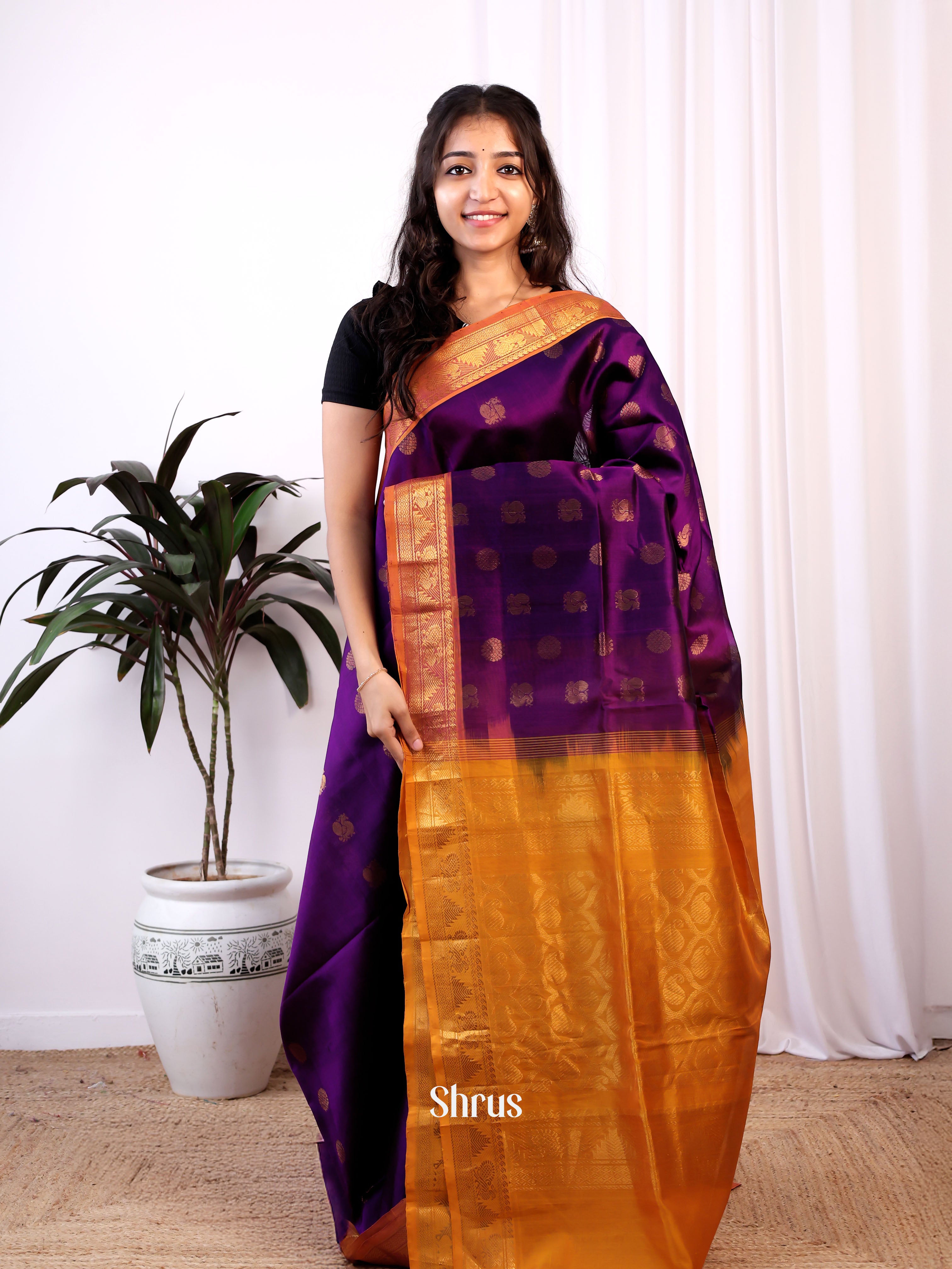 Violet & Mustard - Silk Cotton Saree