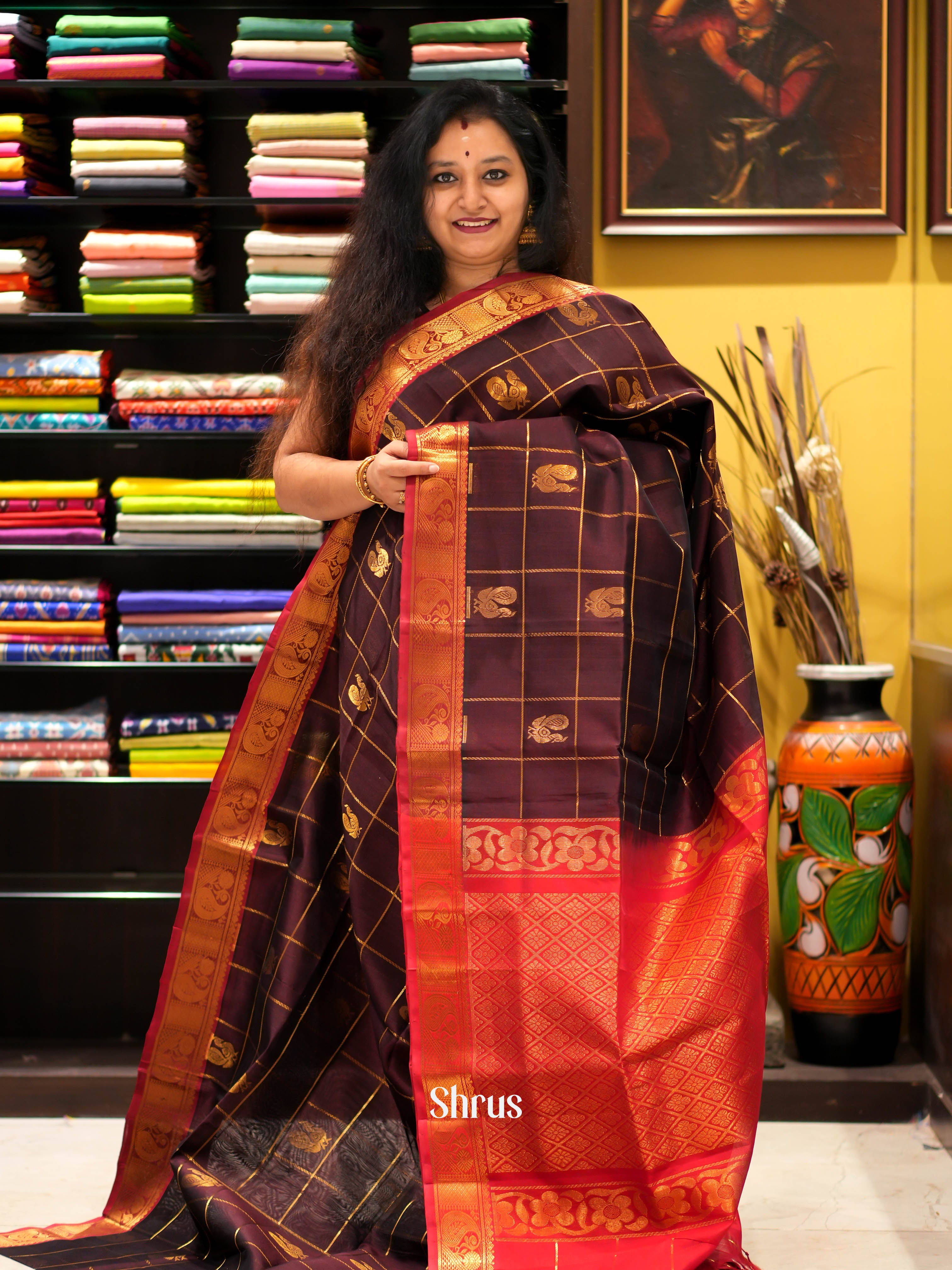 Brown & Red- Silk Cotton Saree