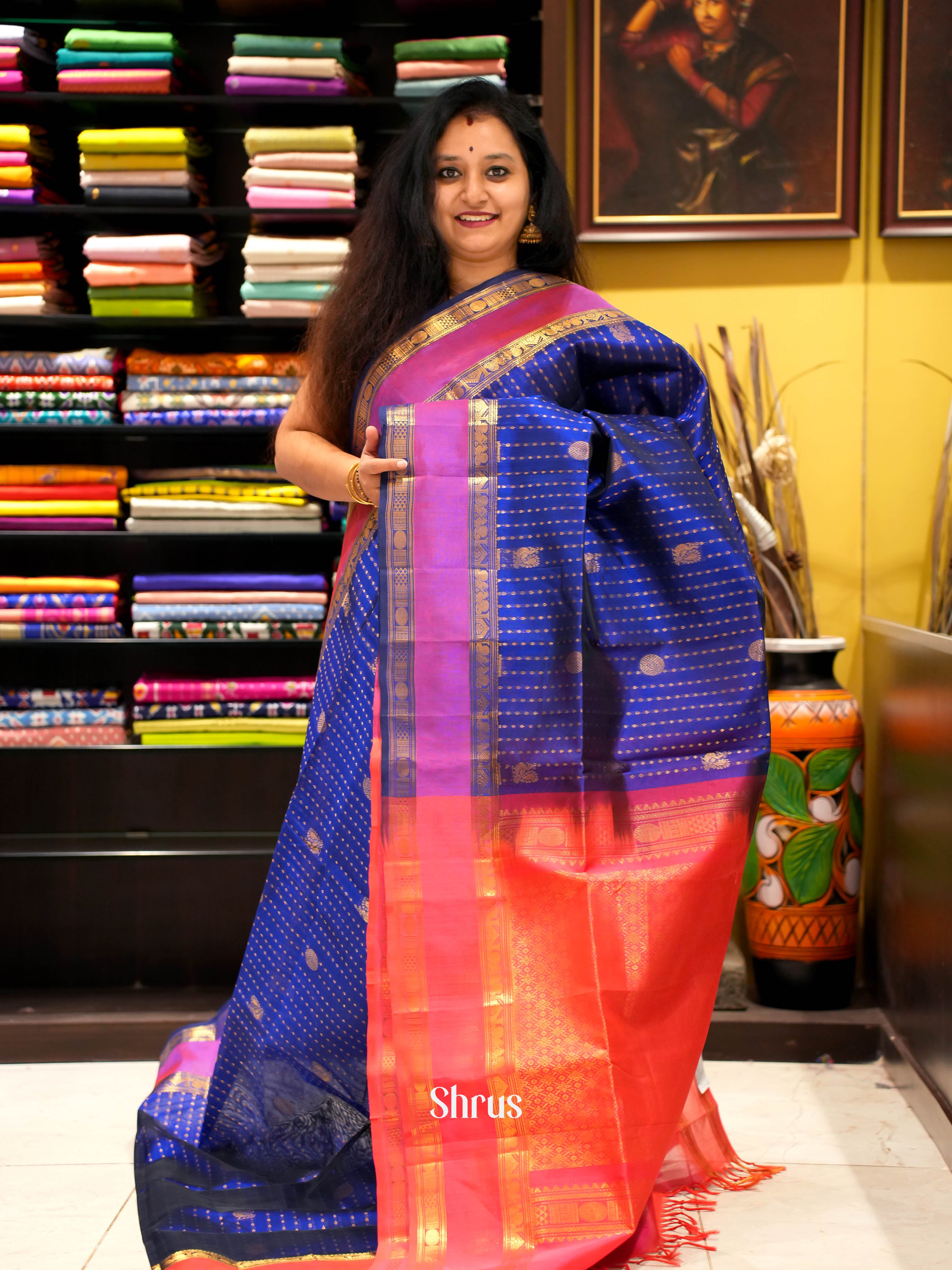 Blue & Orangish Pink  - Silk Cotton Saree