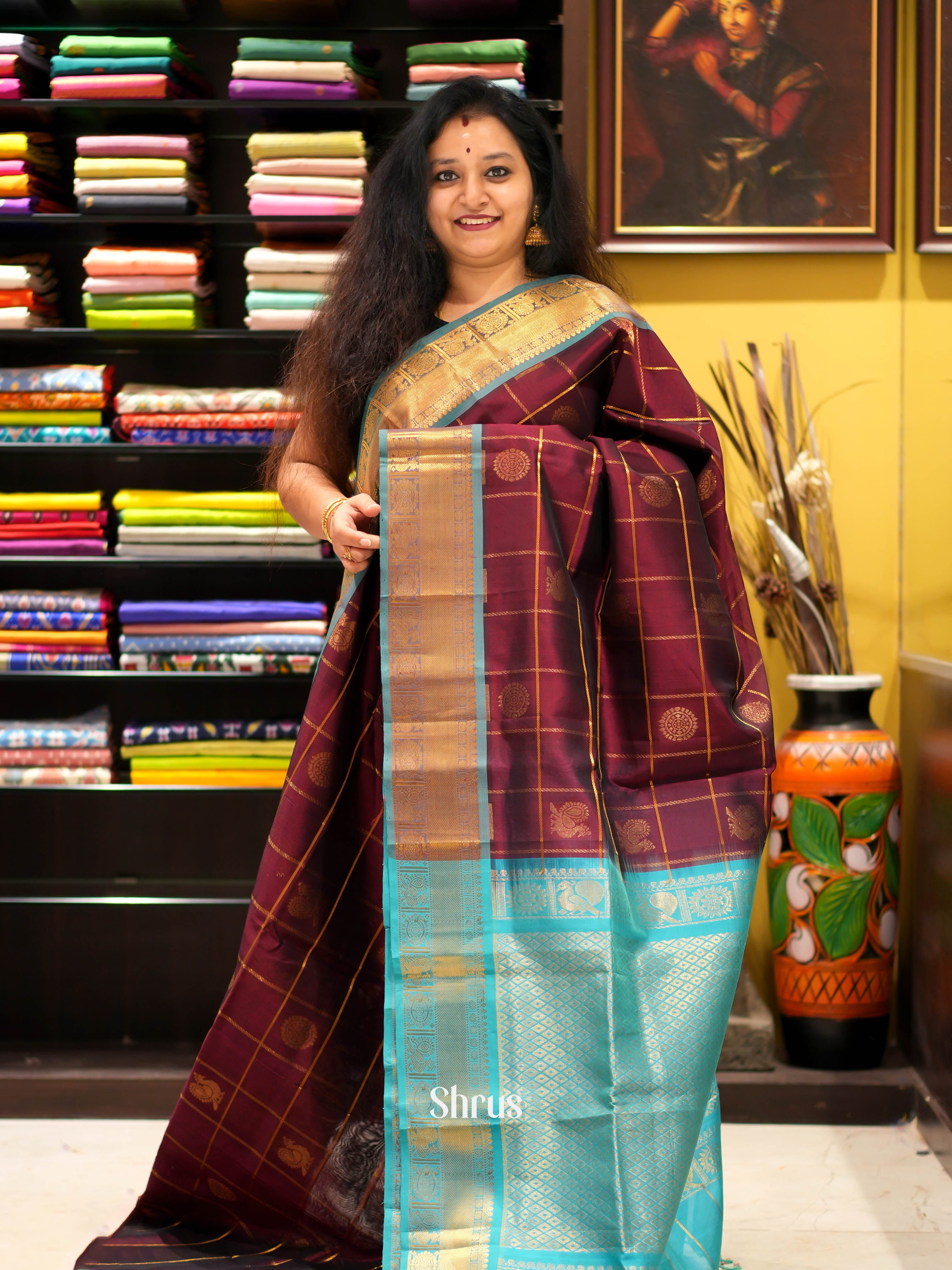 Brown & Teal - Silk Cotton Saree