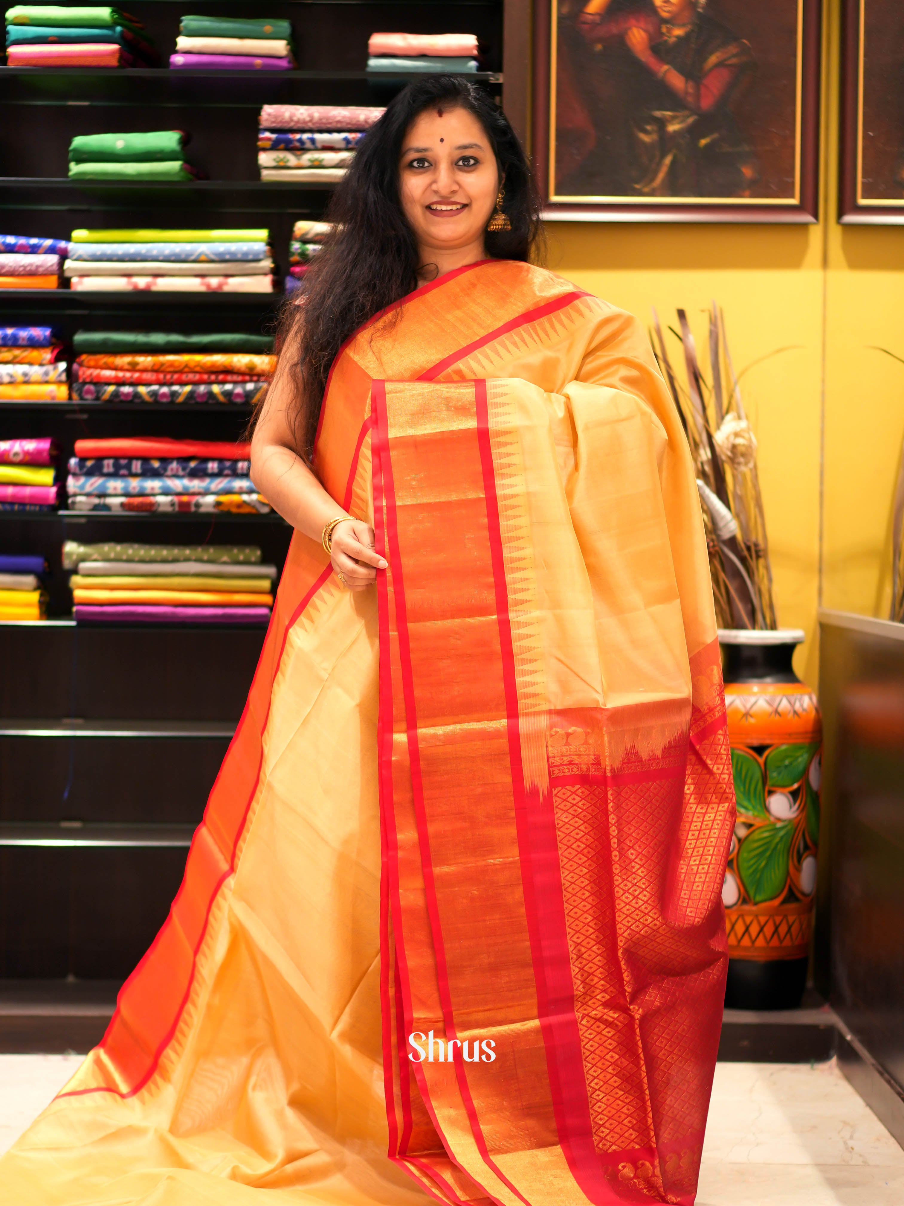 Sandal & Red - Silk Cotton Saree