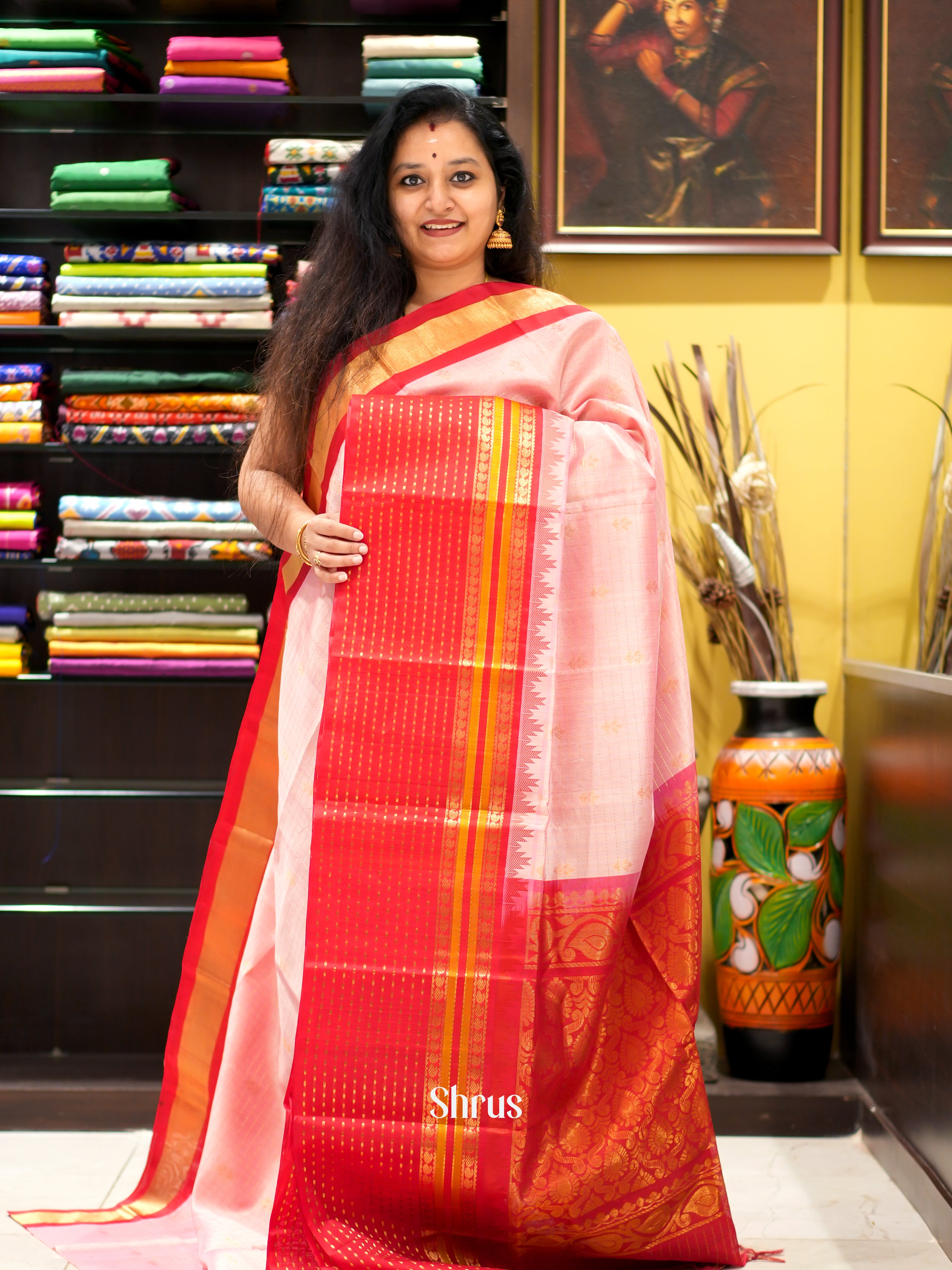 Baby Pink & Red - Silk Cotton Saree