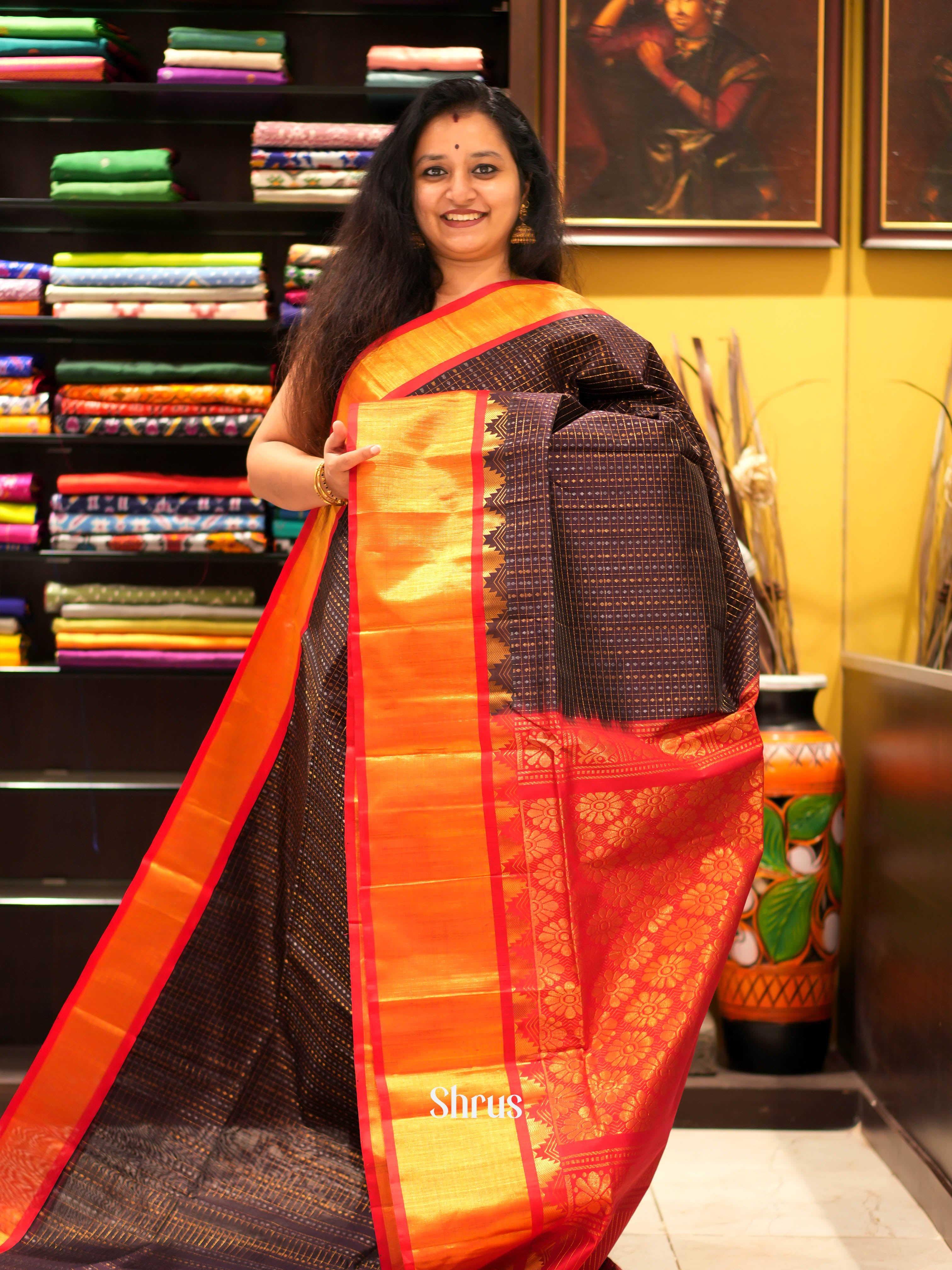 Brown & Red - Silk Cotton Saree