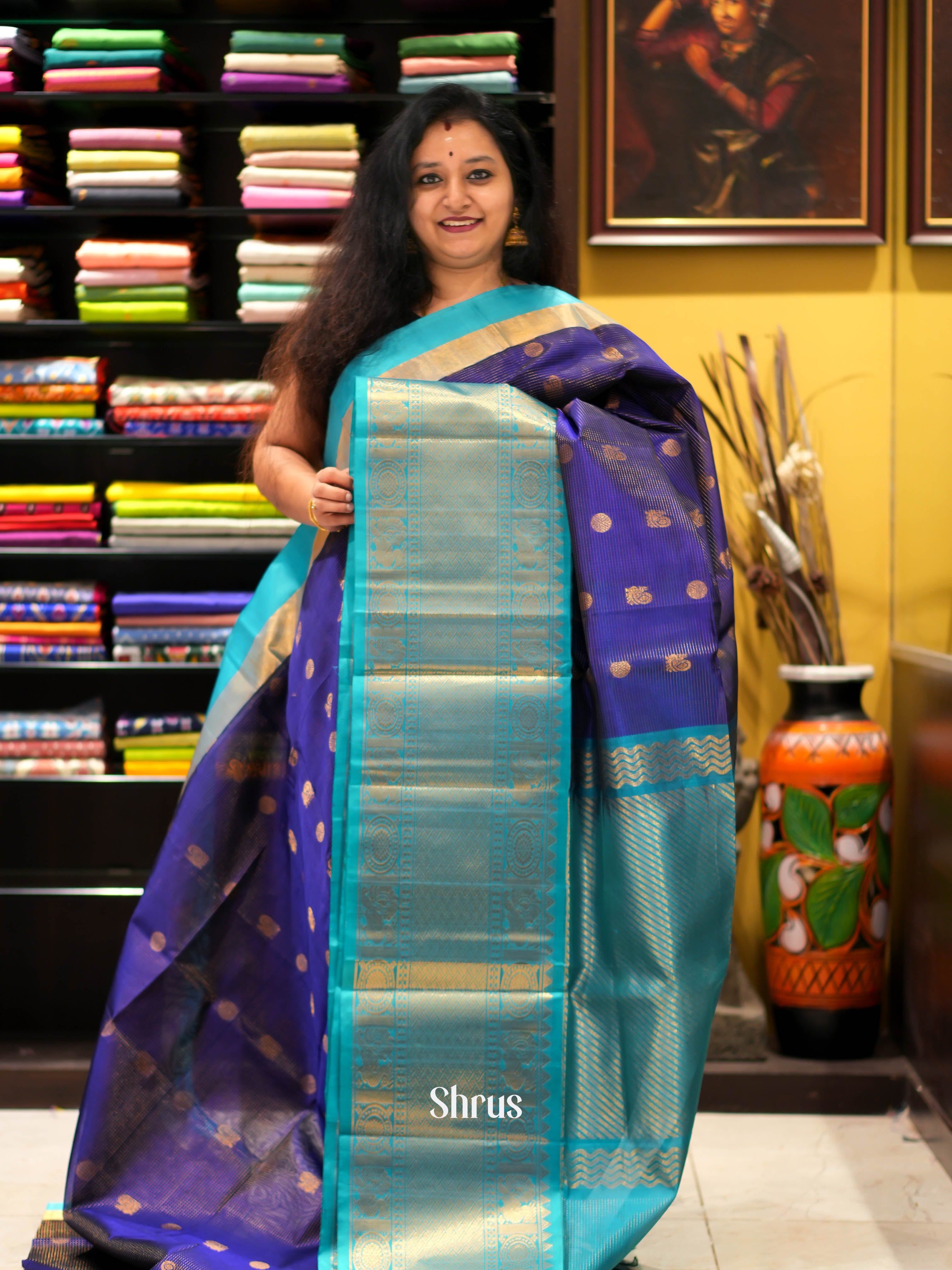 Violet & Teal - Silk cotton Saree