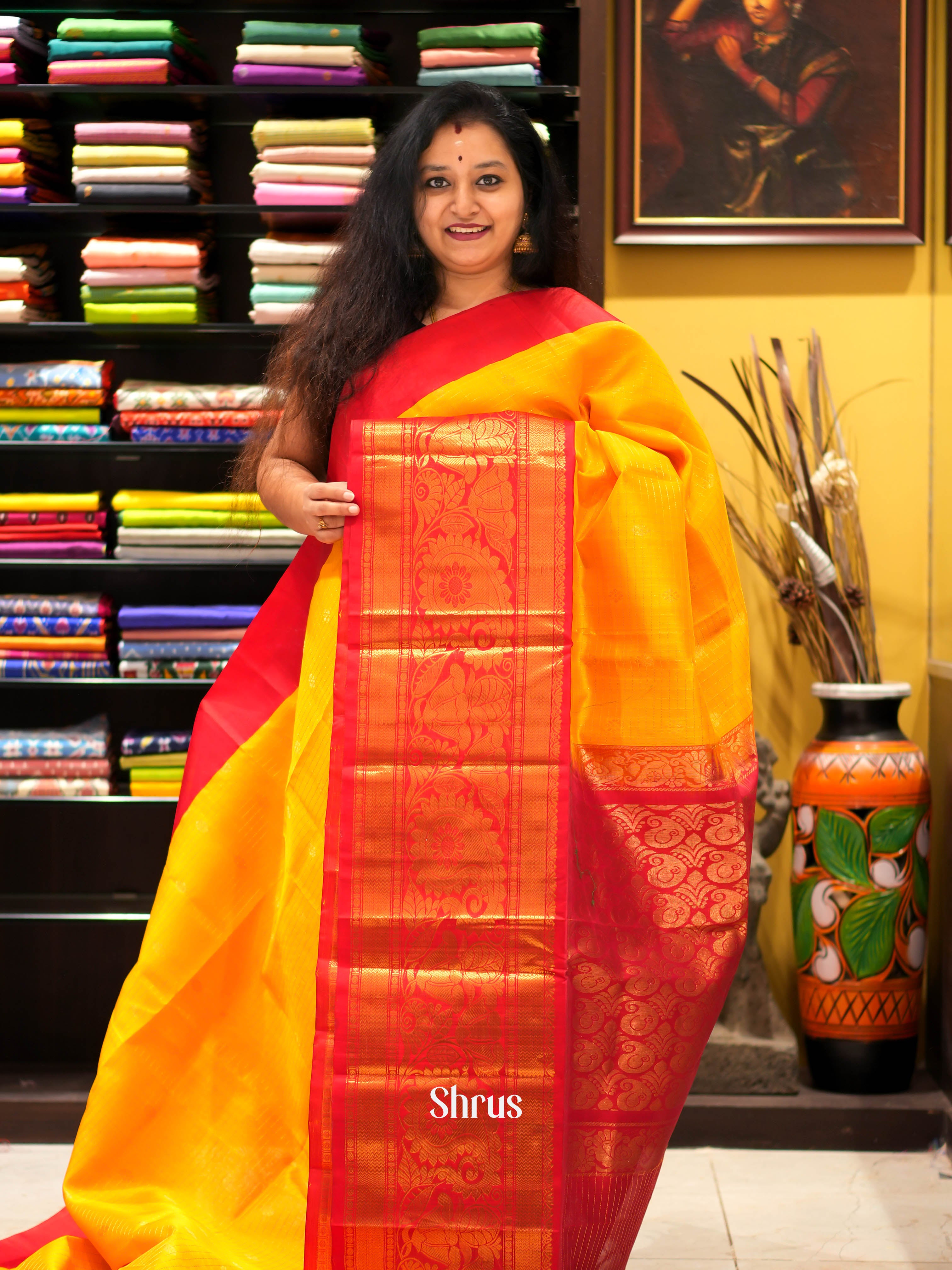 Yellow & Red - Silk cotton Saree