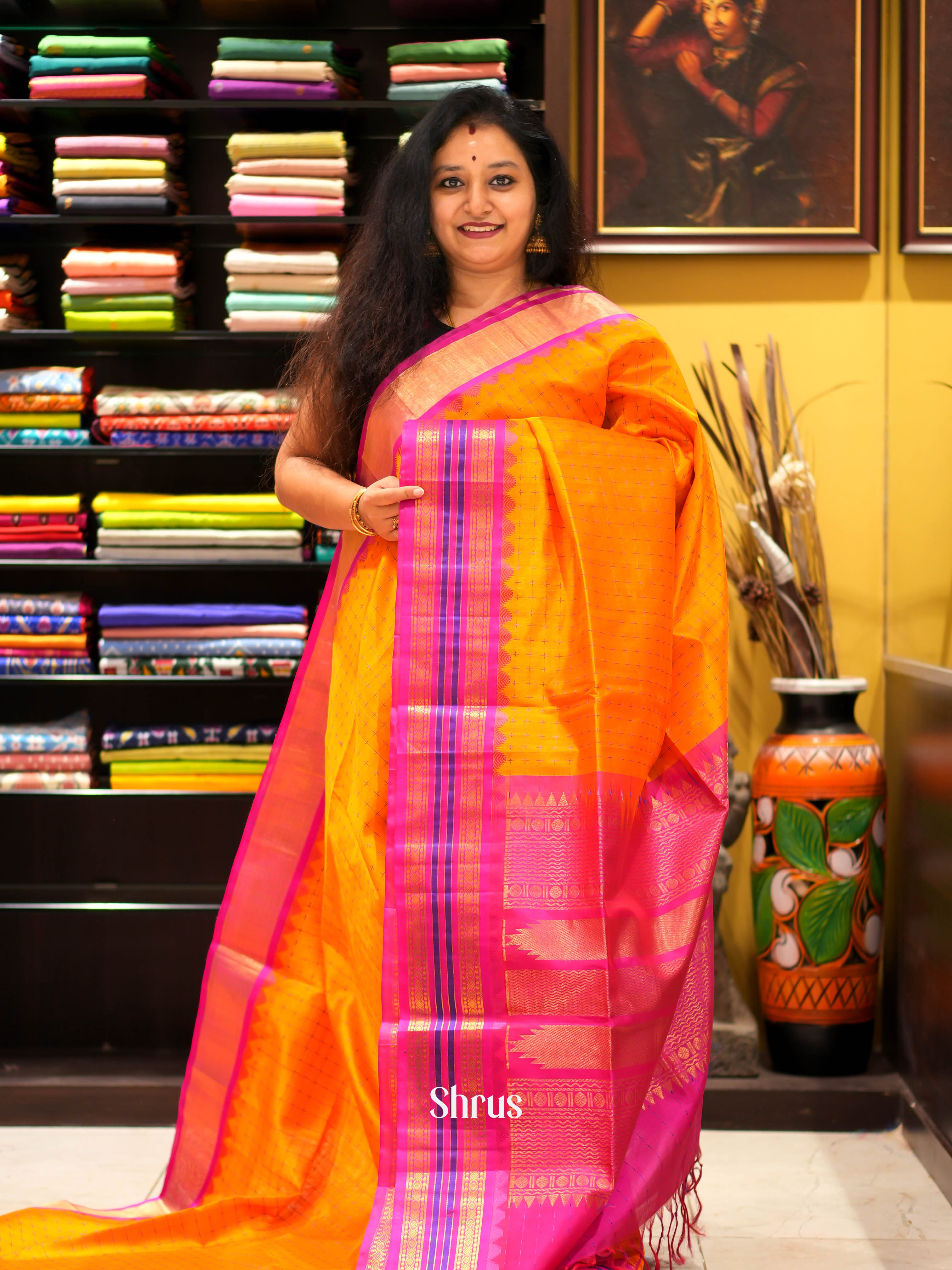 Orange & Pink - Silk cotton Saree