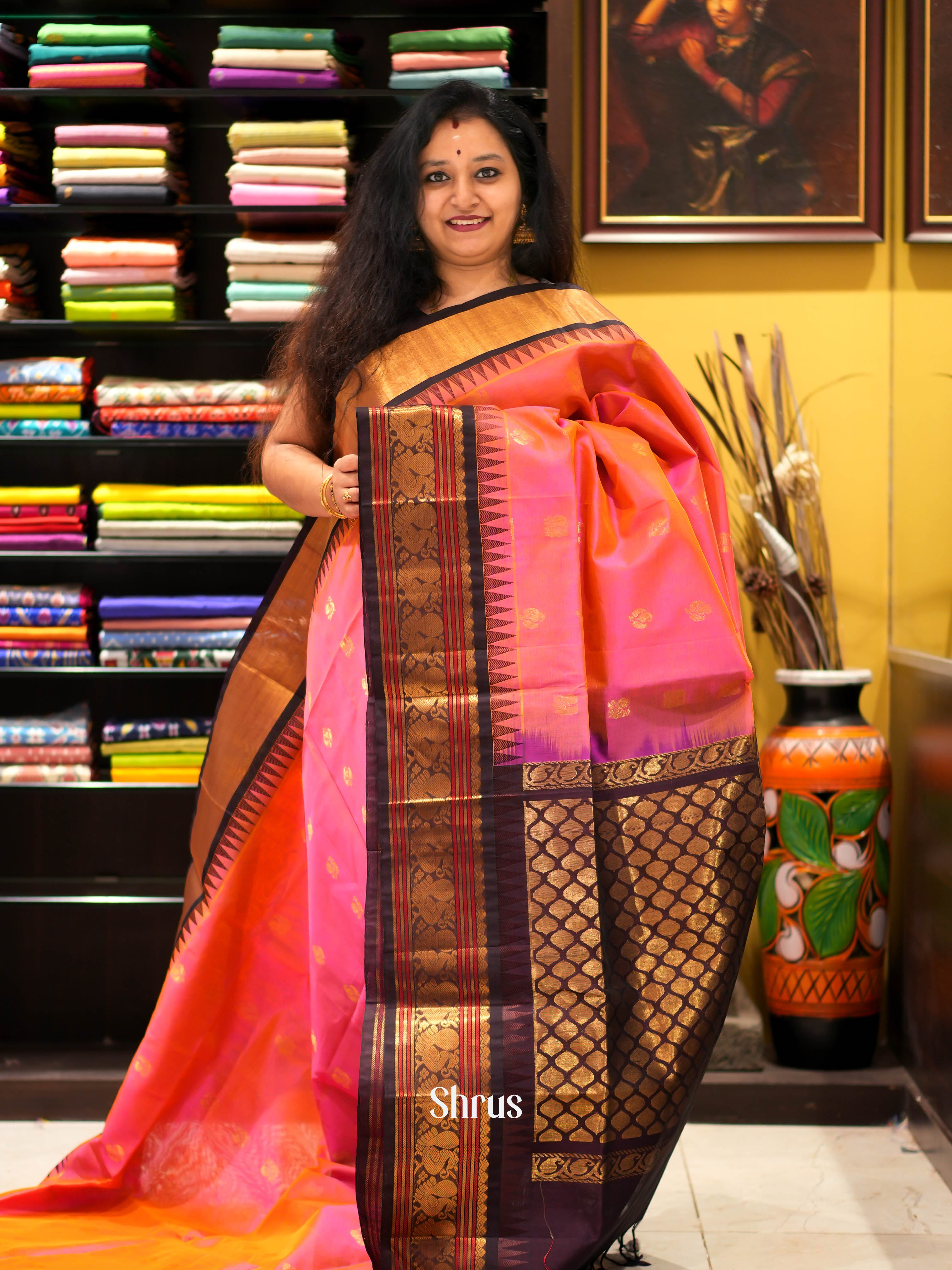 Pink & Brown - Silk cotton Saree