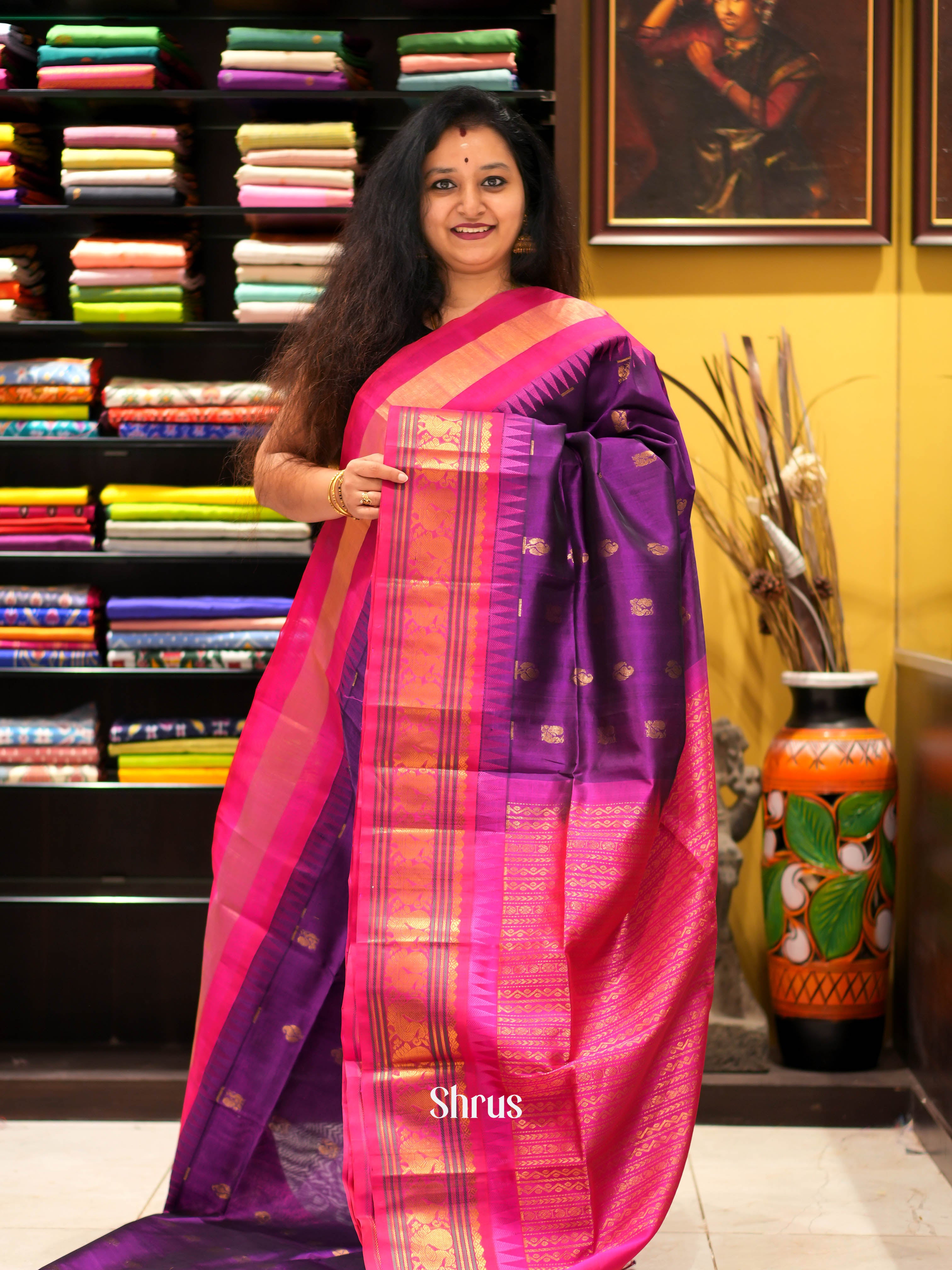 Violet & Pink - Silk cotton Saree