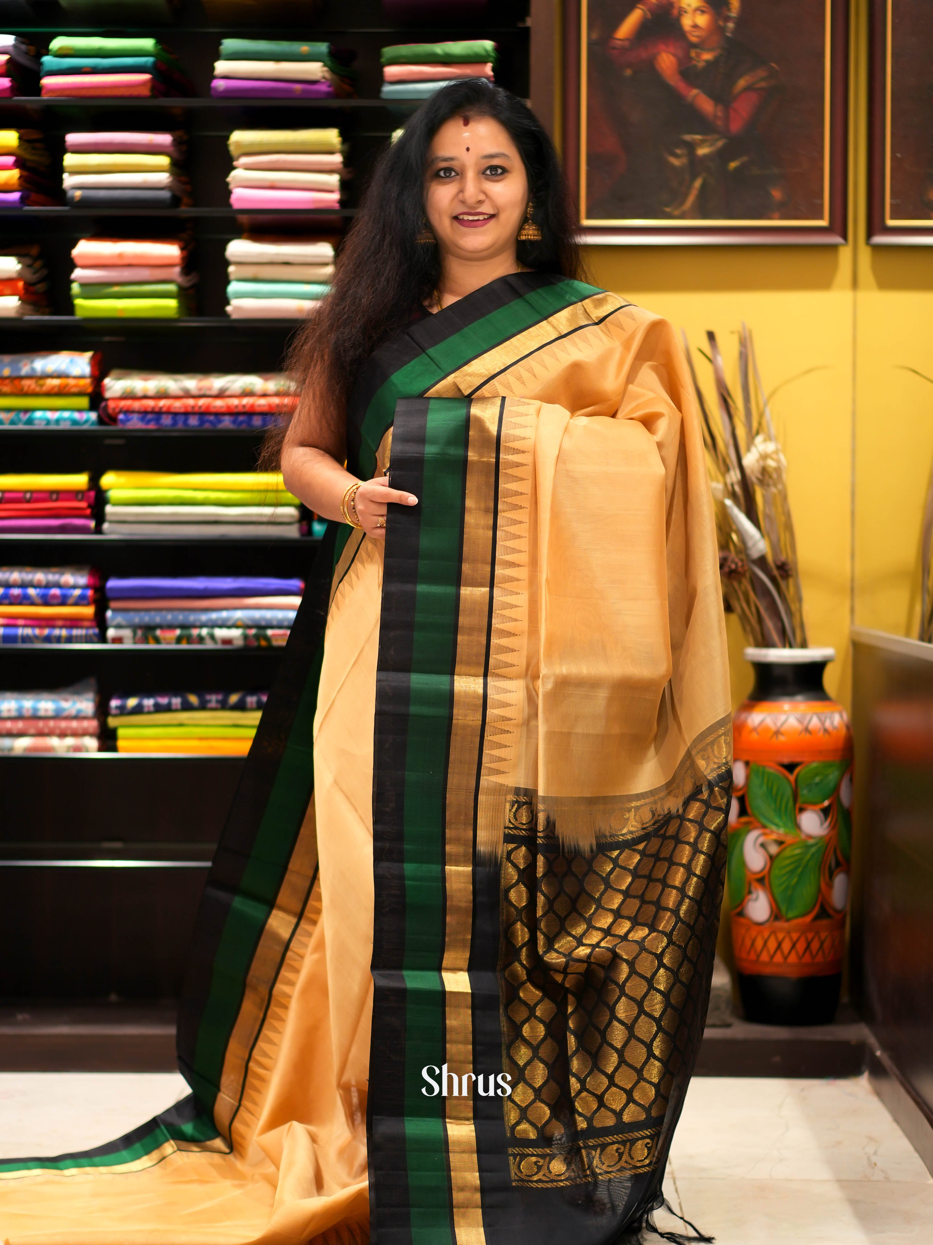 Sandal & Black - Silk cotton Saree