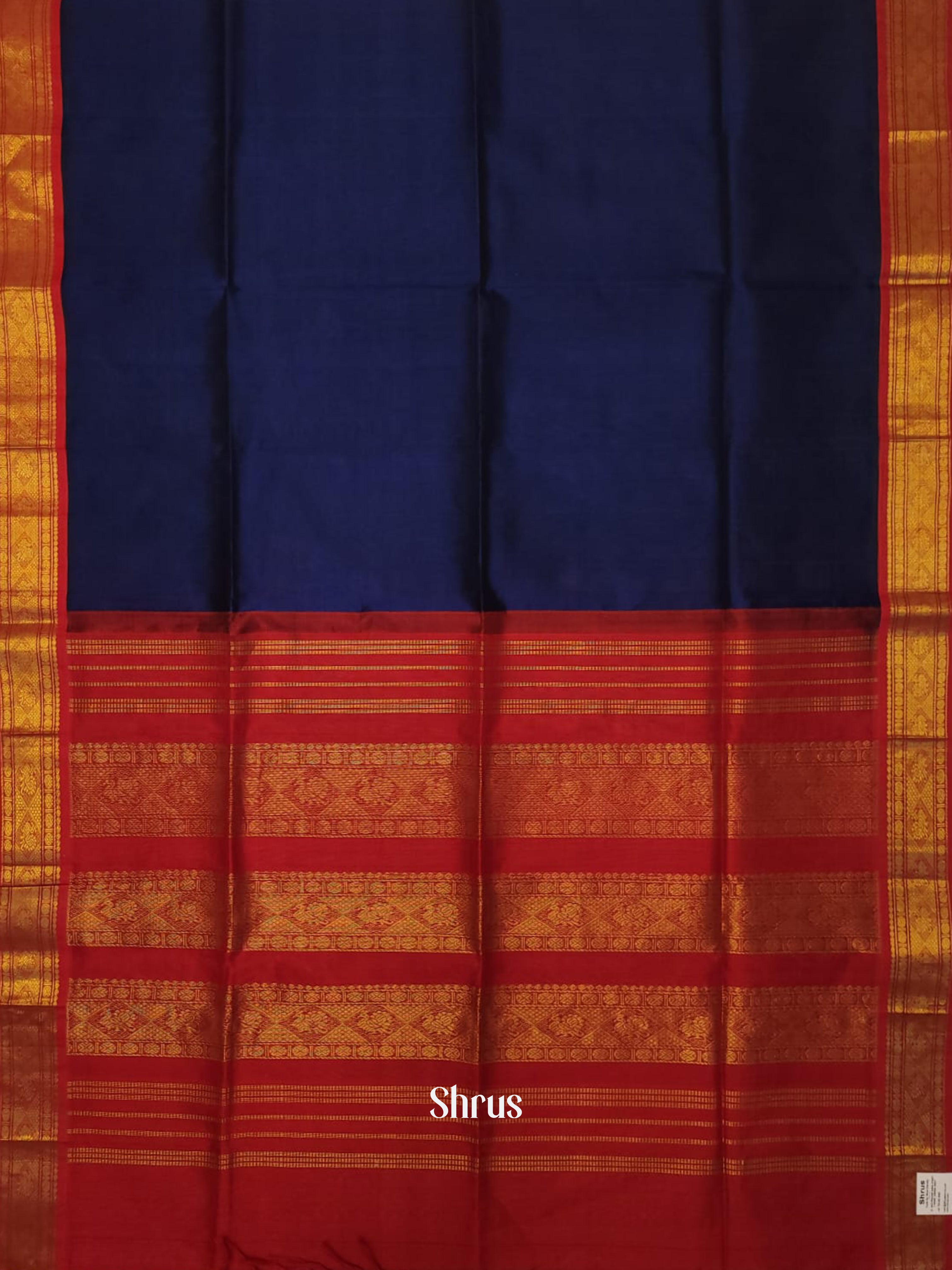 Navy Blue & Red - Silk Cotton Saree