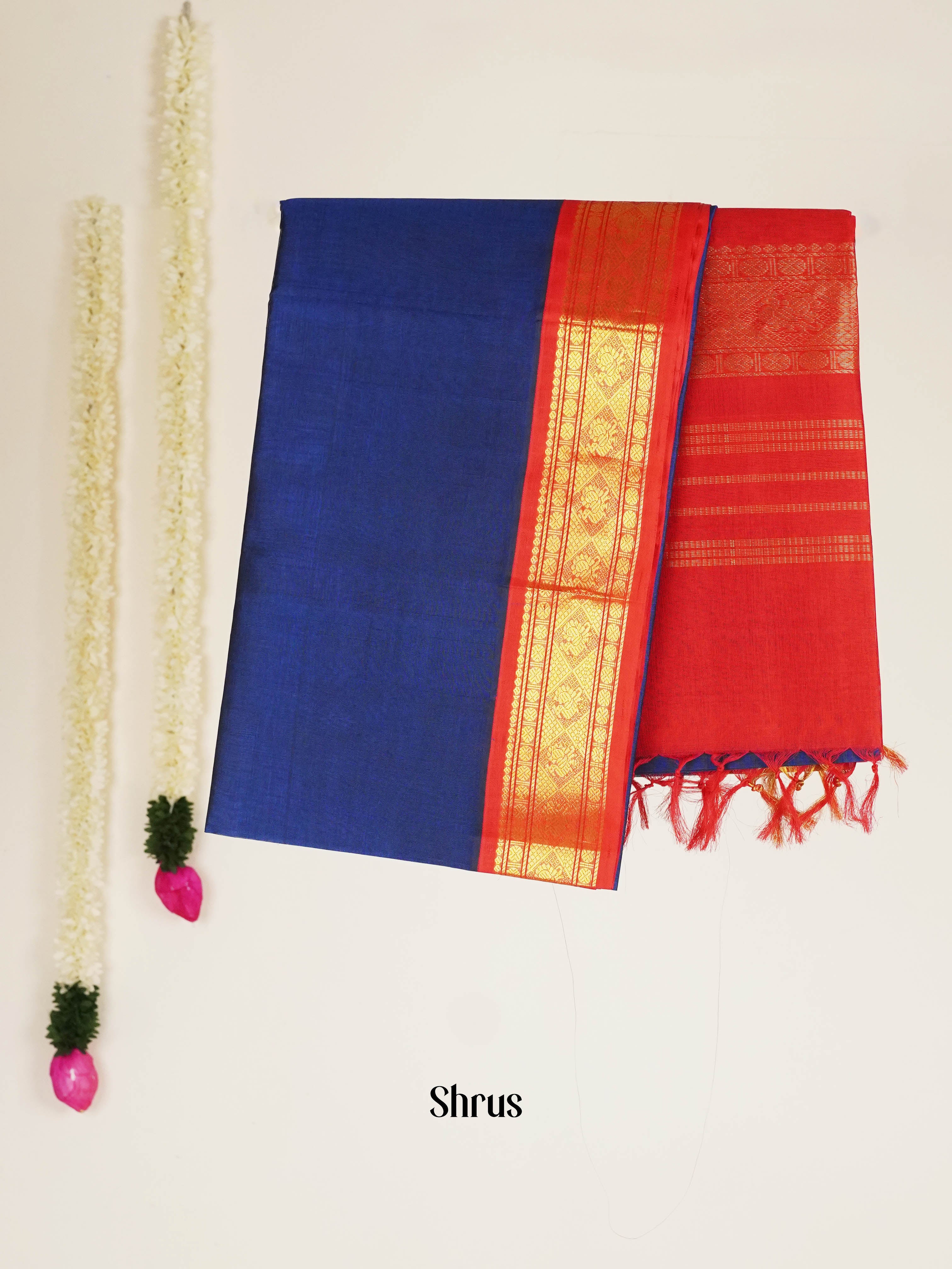 Navy Blue & Red - Silk Cotton Saree