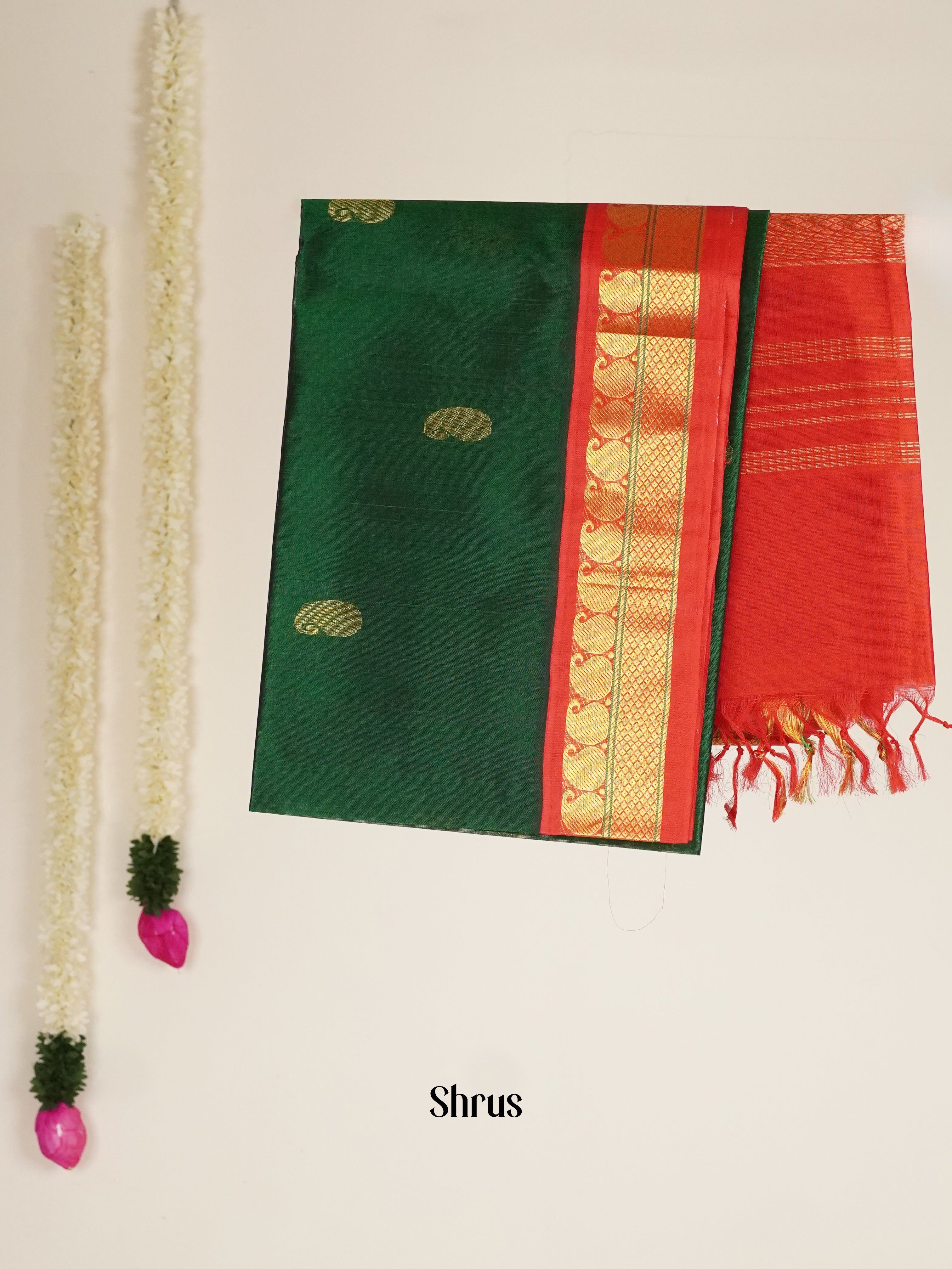 Bottle Green  & Red - Silk Cotton Saree