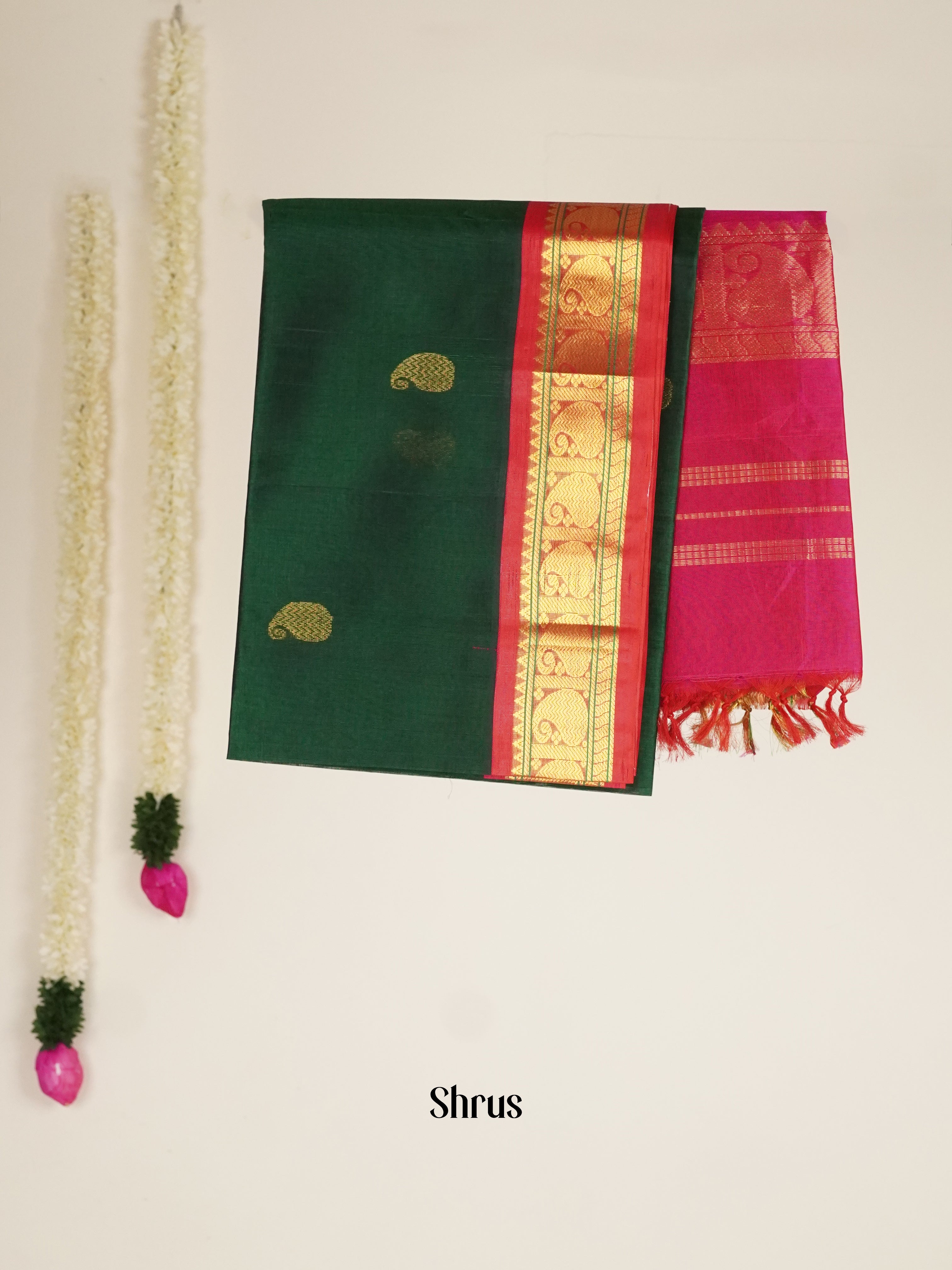 Bottle Green & Pink - Silk Cotton Saree