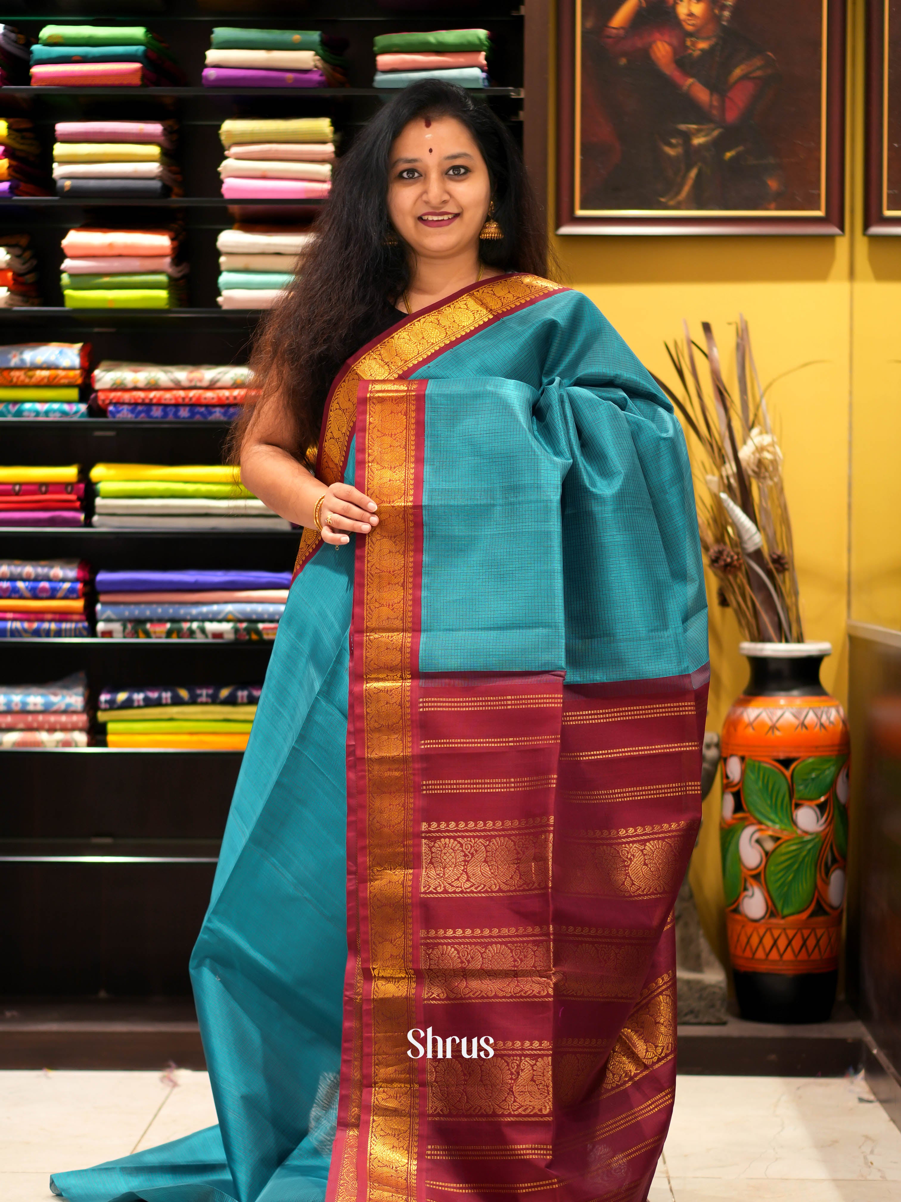 Blue & Maroon - Silk Cotton Saree