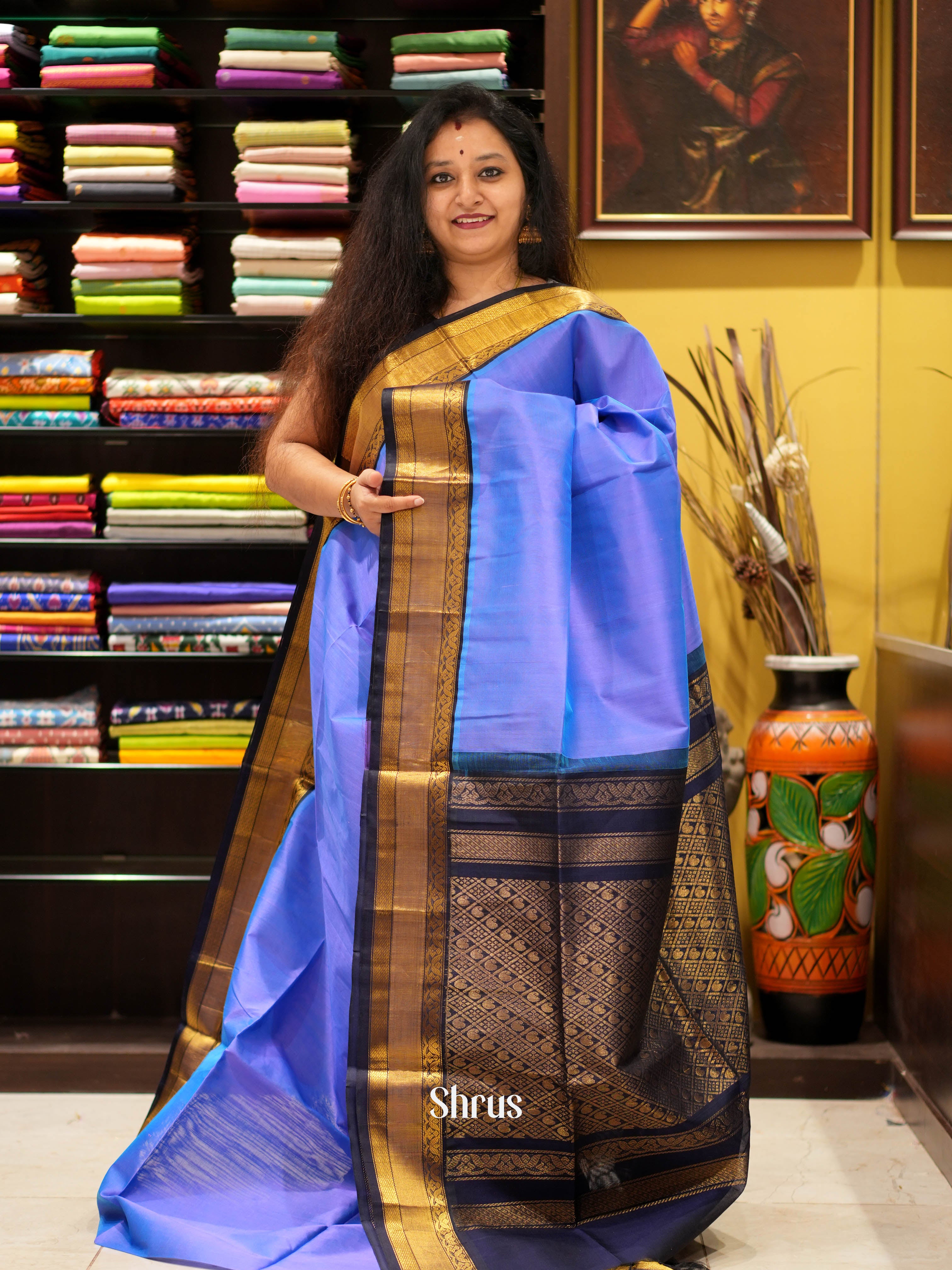 Blue & Navy Blue - Silk Cotton Saree