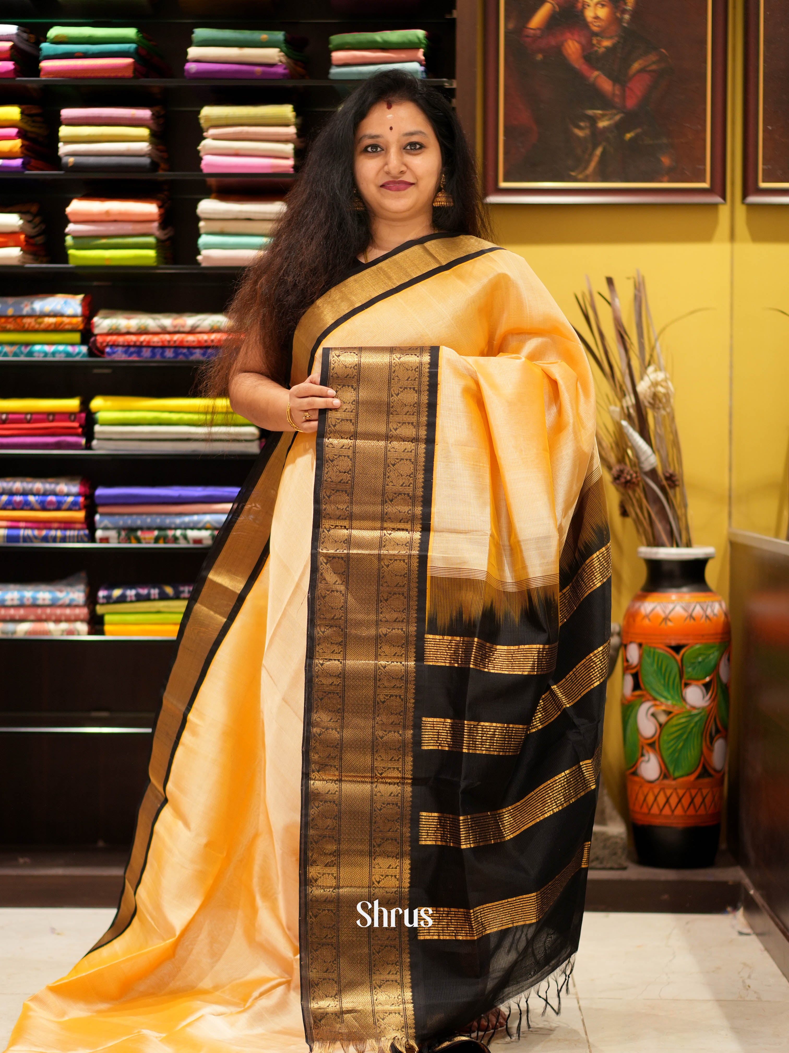 Sandal & Black - Silk Cotton Saree